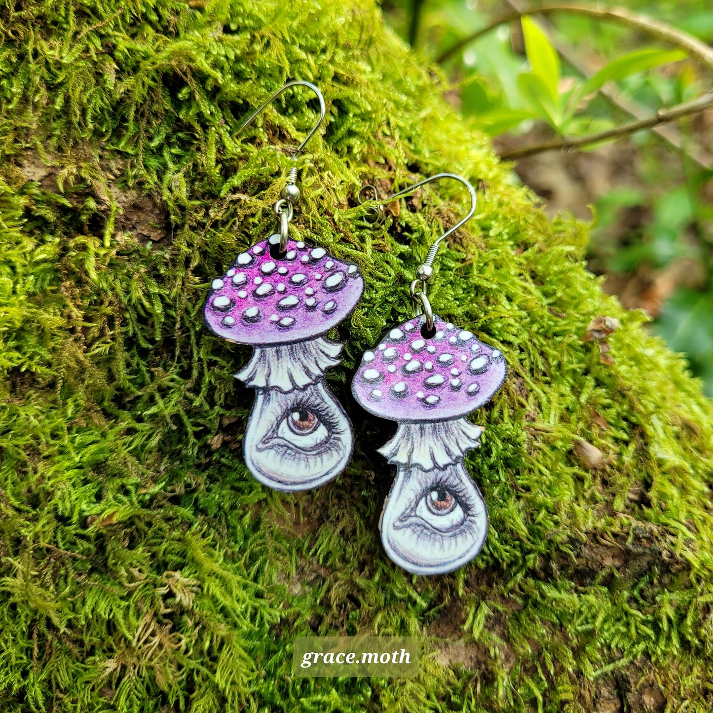 Purple Mushroom illustrated earrings, responsibly sourced cherry wood, 304 Stainless Steel hooks, by Grace Moth