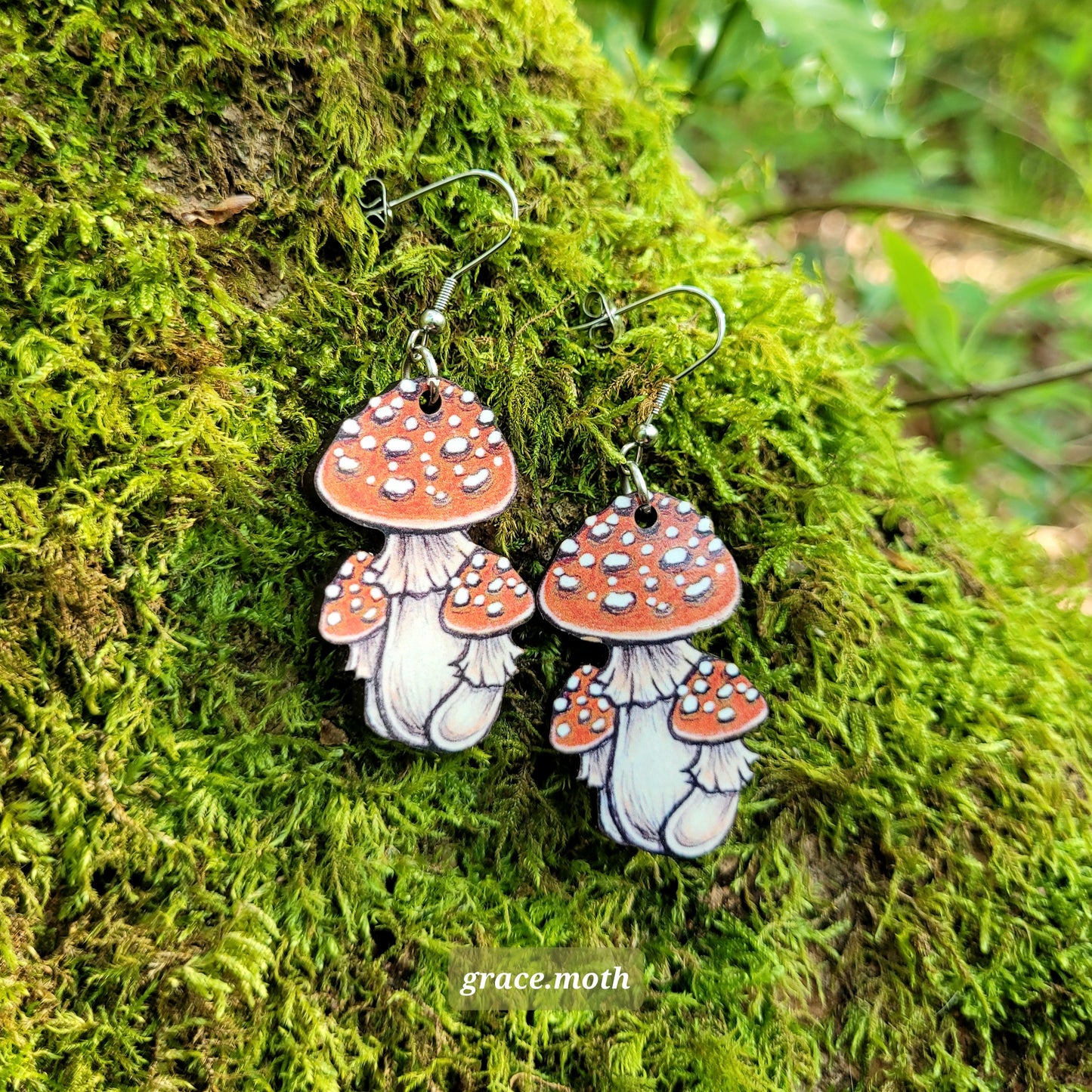 Rust Mushroom illustrated earrings, responsibly sourced cherry wood, 304 Stainless Steel hooks, by Grace Moth