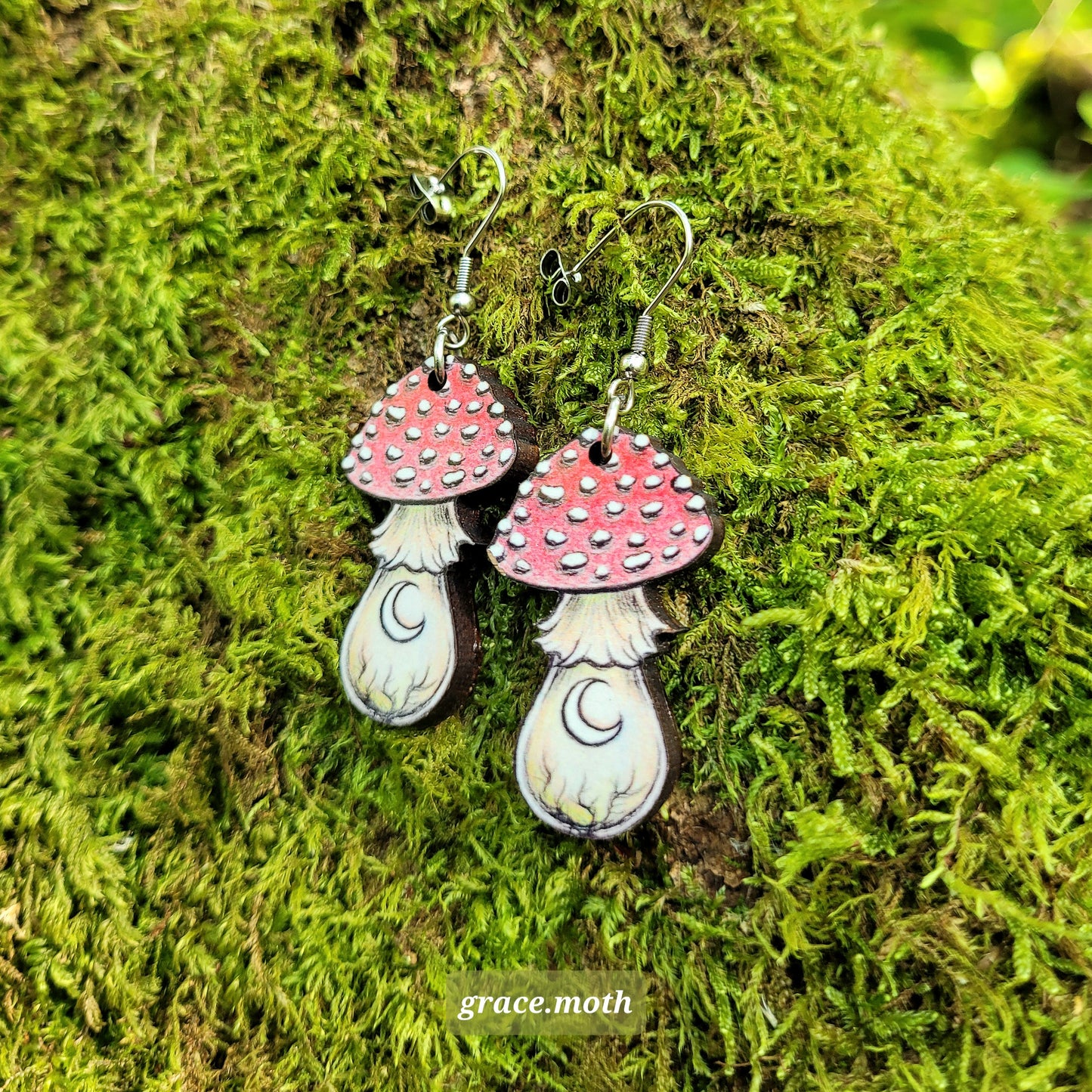 Red Mushroom illustrated earrings, responsibly sourced cherry wood, 304 Stainless Steel hooks, by Grace Moth