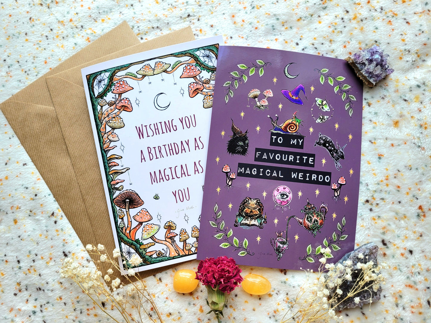 Magical Birthday - A5 witchy mushroom greeting card by Grace Moth - 5.8 x 8.3, fungi cottagecore