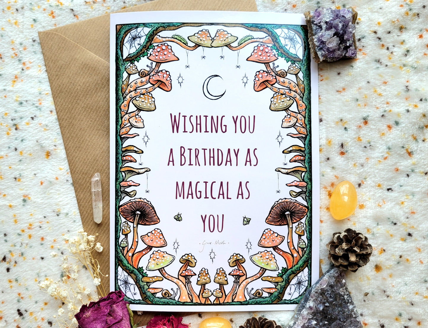 Magical Birthday - A5 witchy mushroom greeting card by Grace Moth - 5.8 x 8.3, fungi cottagecore