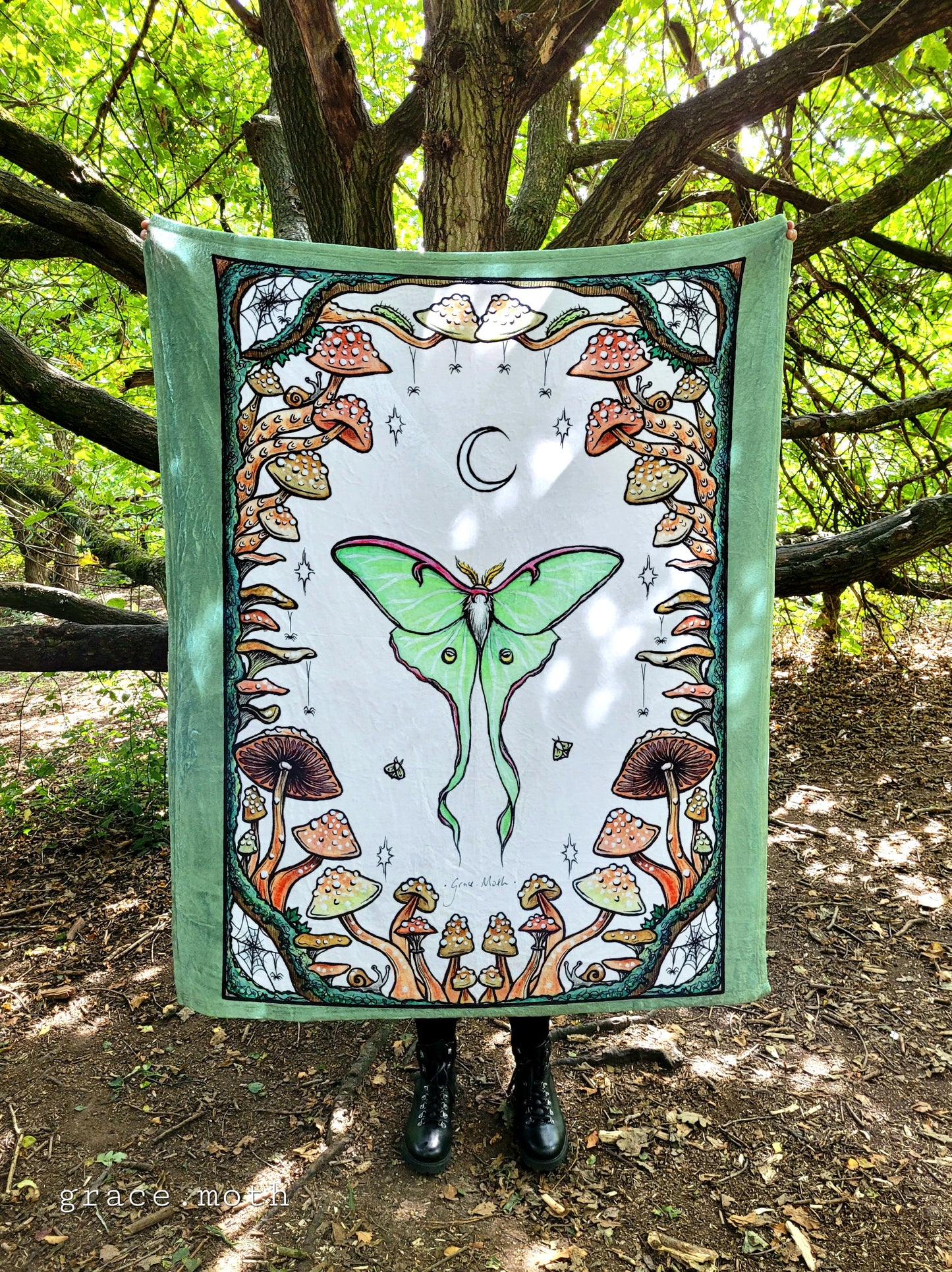 Luna Moth and Mushrooms throw blanket - witchy gothic original design by Grace Moth - 50" by 60"