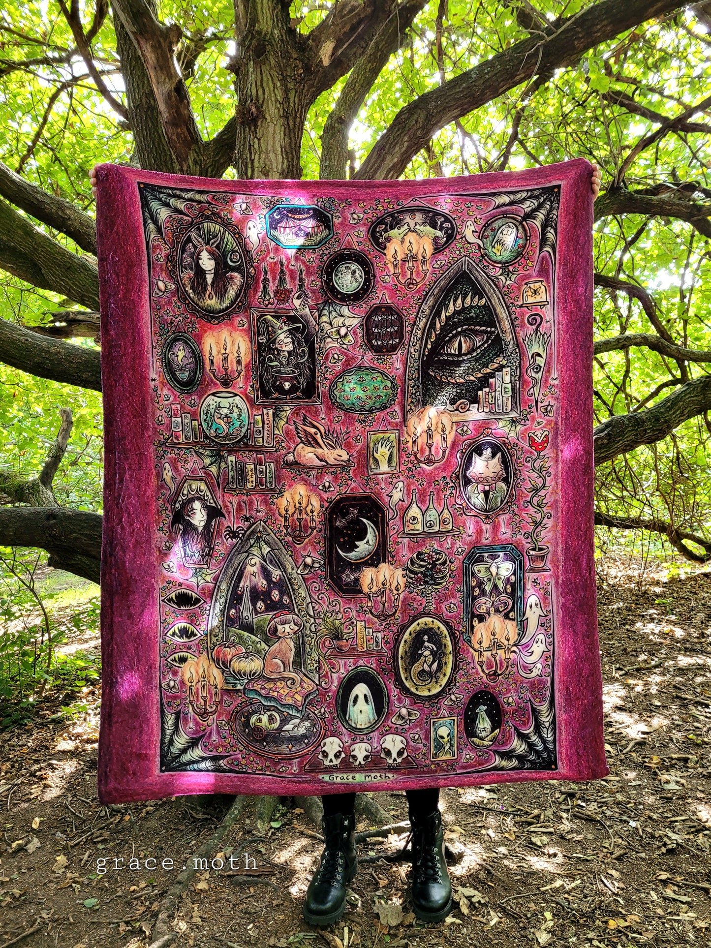 Oddities Wall of Frames crimson pink throw blanket - witchy gothic original design by Grace Moth - 50" by 60"