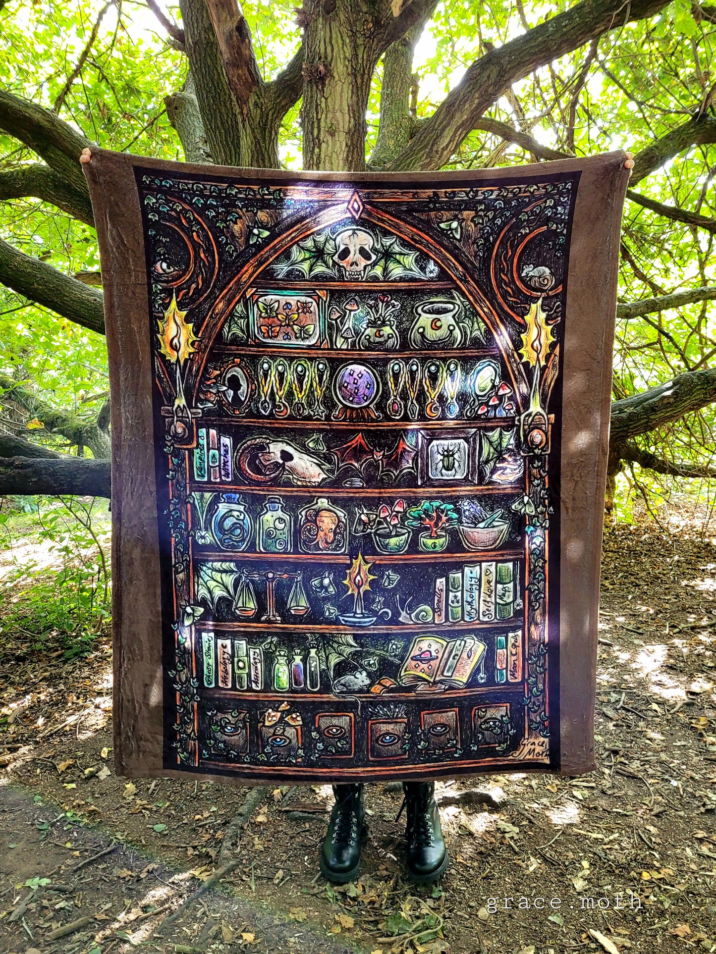 Apothecary Shelves brown throw blanket - witchy gothic original design by Grace Moth - 50" by 60"