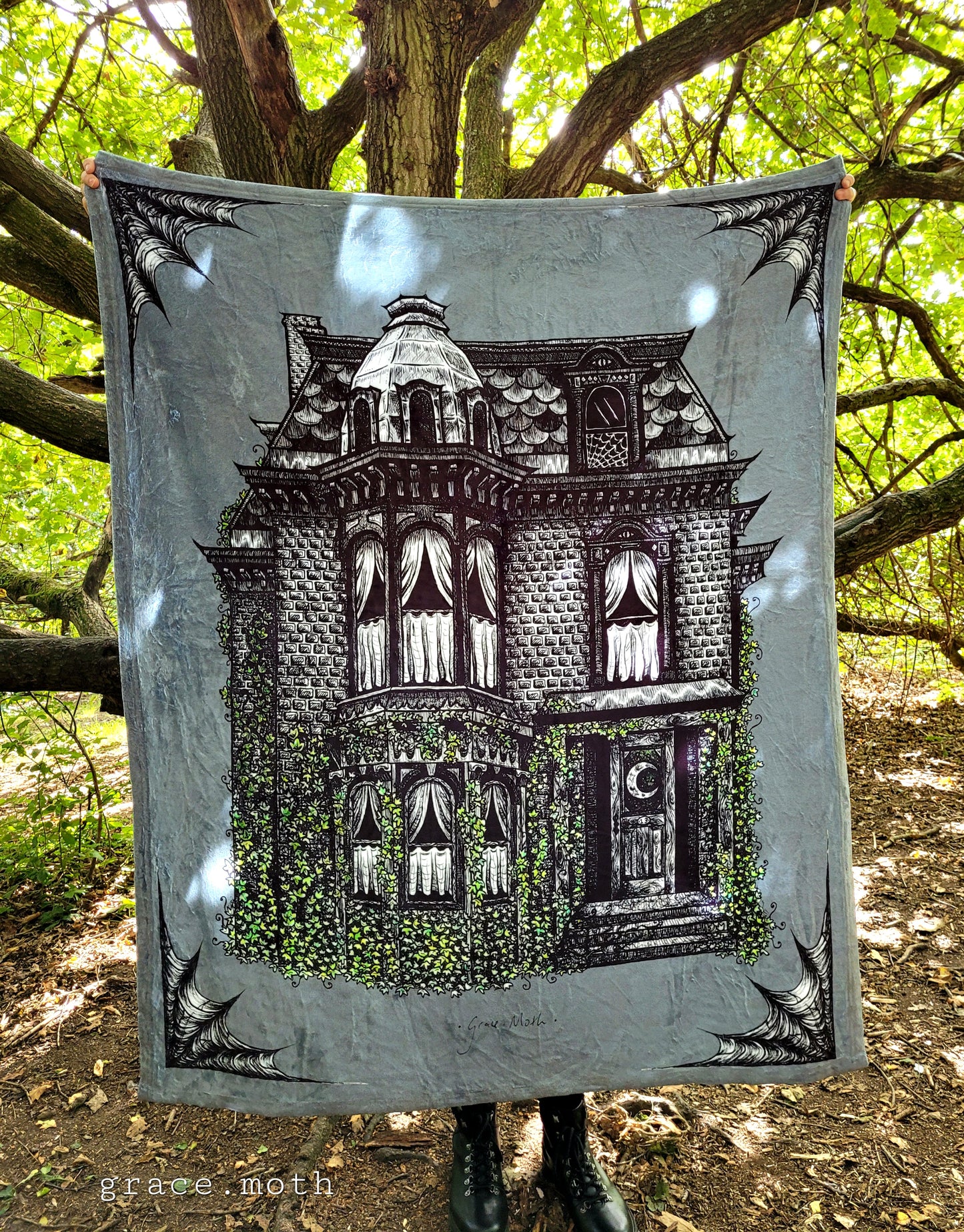 Haunted House grey throw blanket - witchy gothic original design by Grace Moth - 50" by 60"