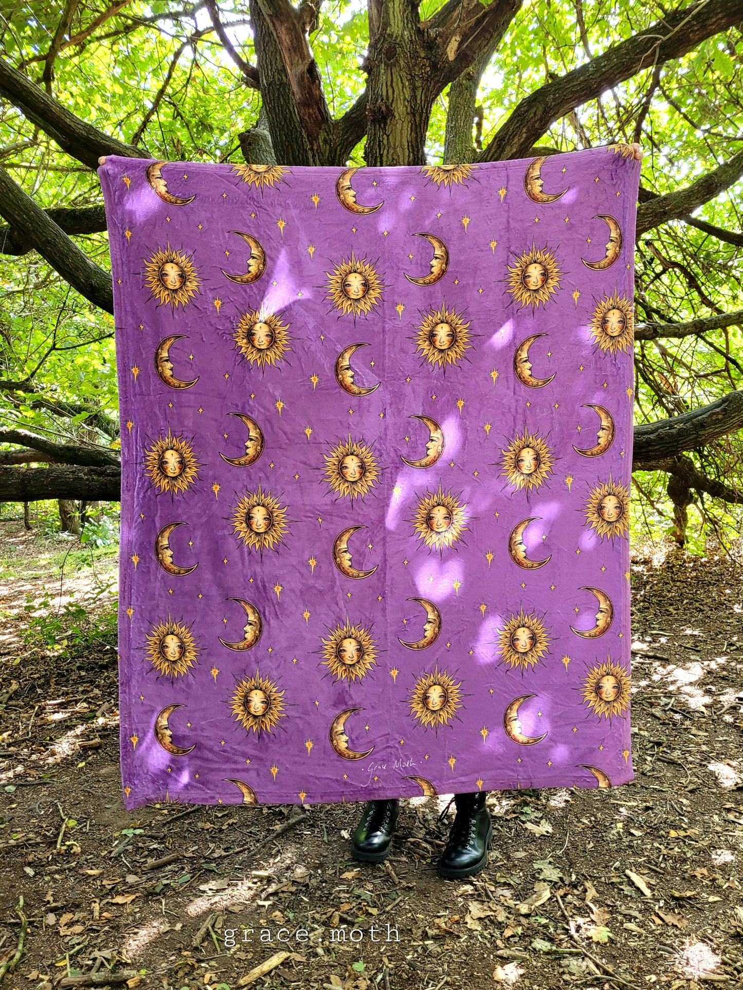 Sun and Moon lovers purple throw blanket - witchy gothic original design by Grace Moth - 50" by 60"