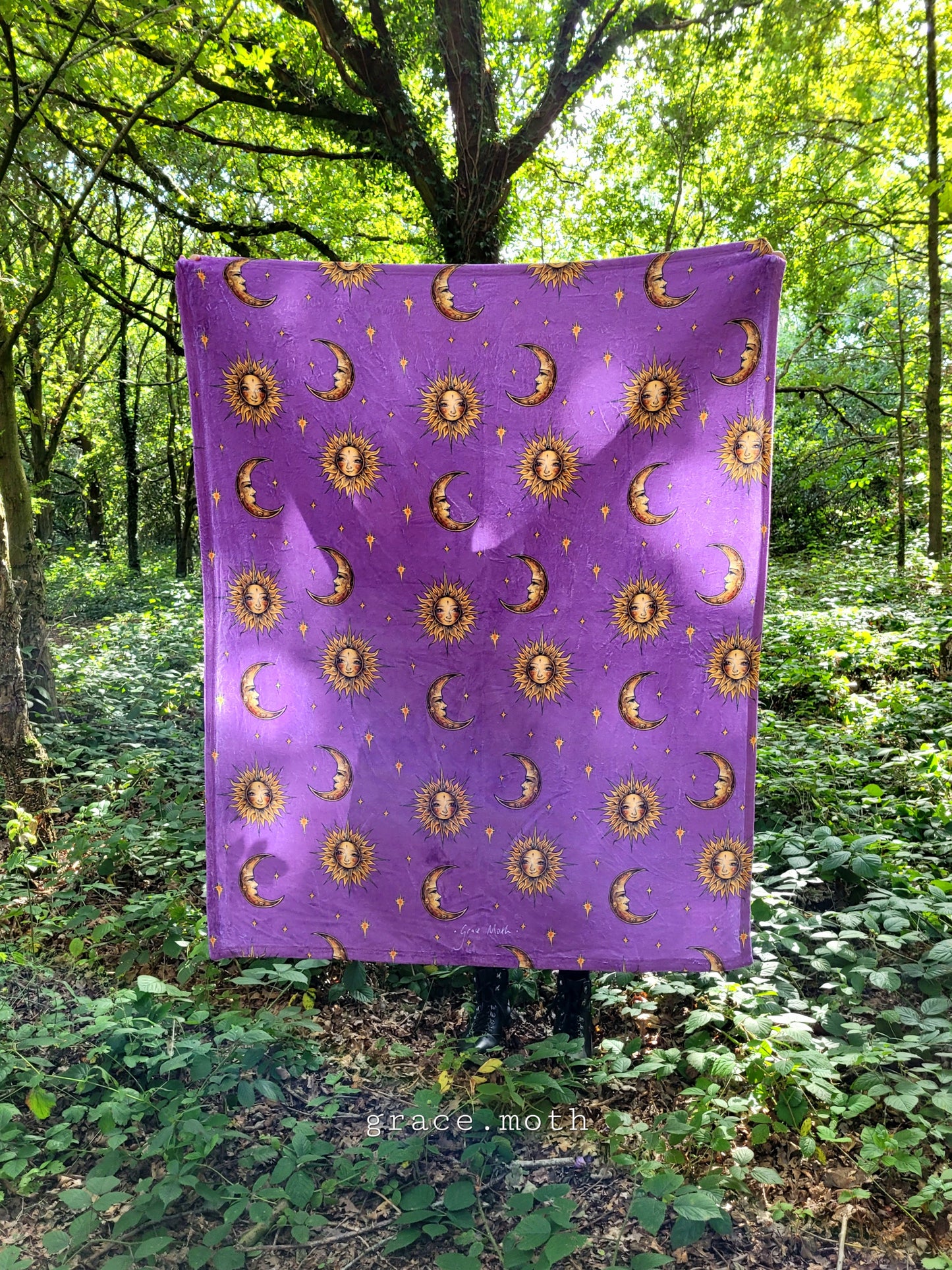 Sun and Moon lovers purple throw blanket - witchy gothic original design by Grace Moth - 50" by 60"