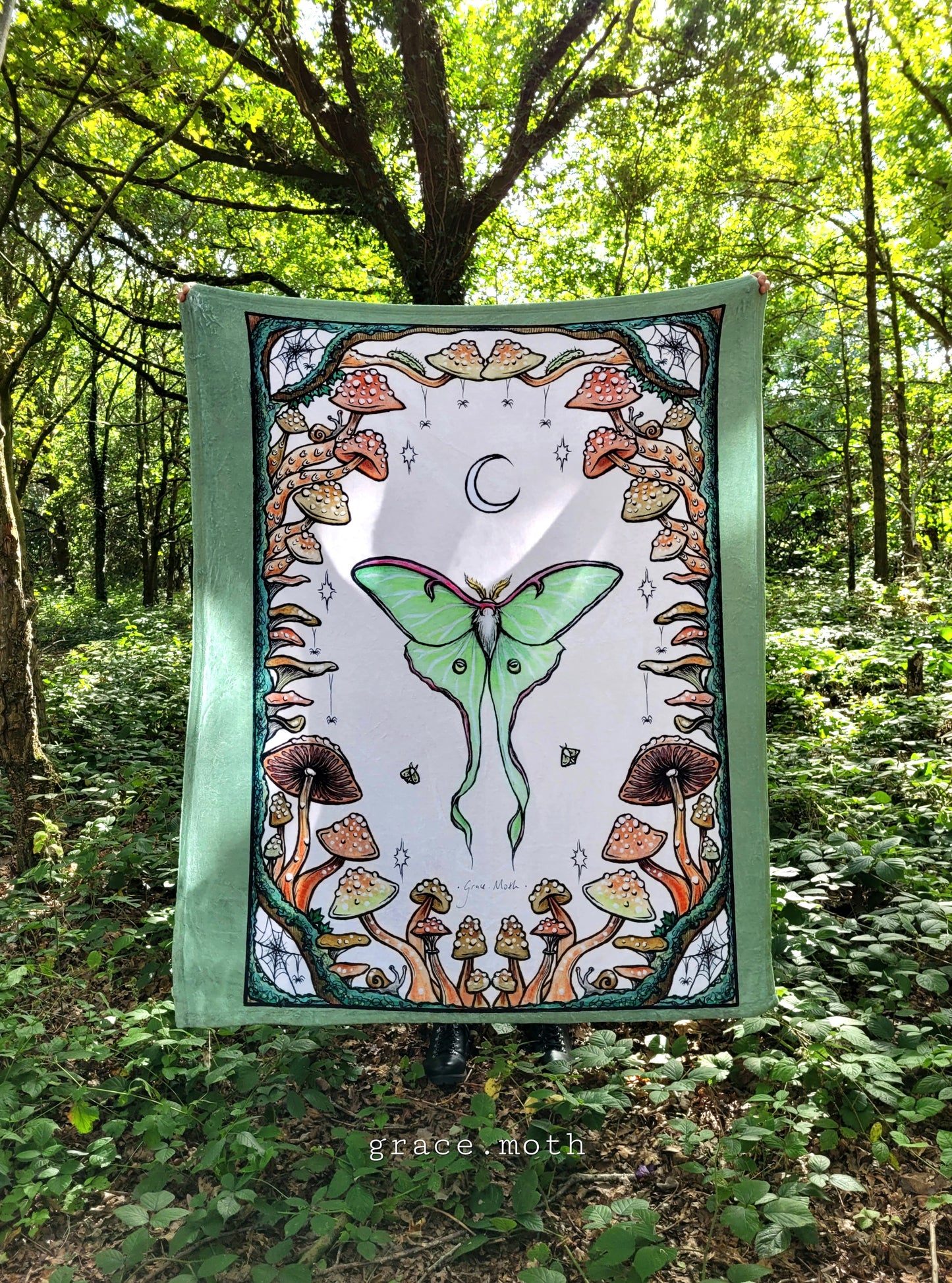 Luna Moth and Mushrooms throw blanket - witchy gothic original design by Grace Moth - 50" by 60"
