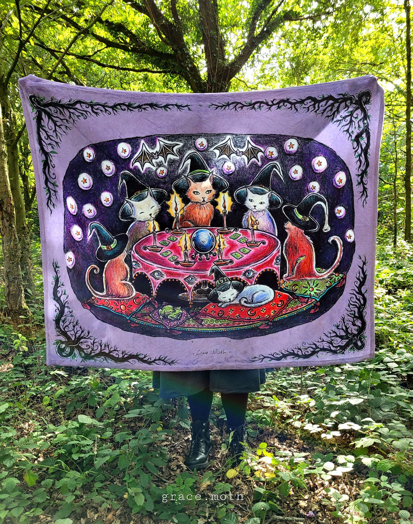 Cat Coven purple throw blanket - witchy gothic original design by Grace Moth - 50" by 60"