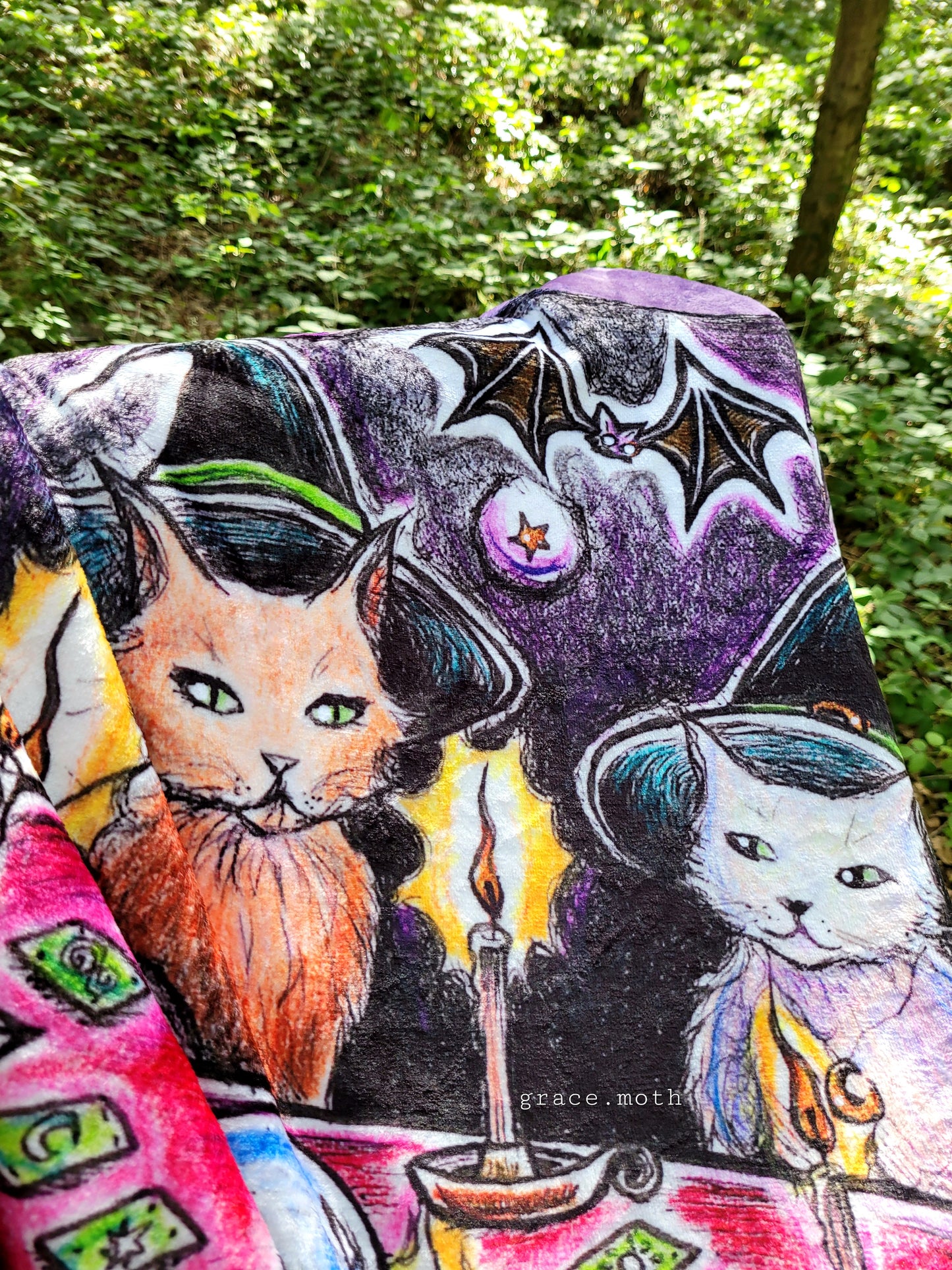Cat Coven purple throw blanket - witchy gothic original design by Grace Moth - 50" by 60"