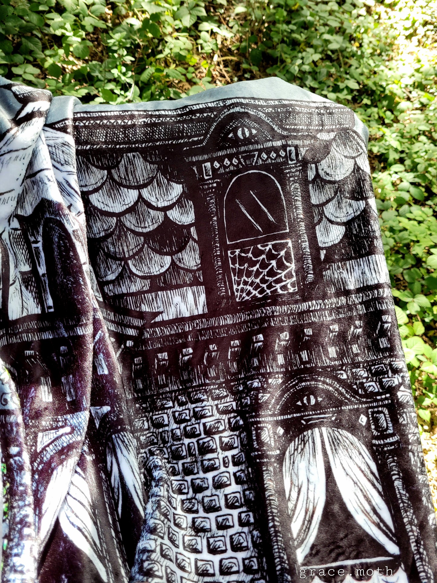 Haunted House grey throw blanket - witchy gothic original design by Grace Moth - 50" by 60"