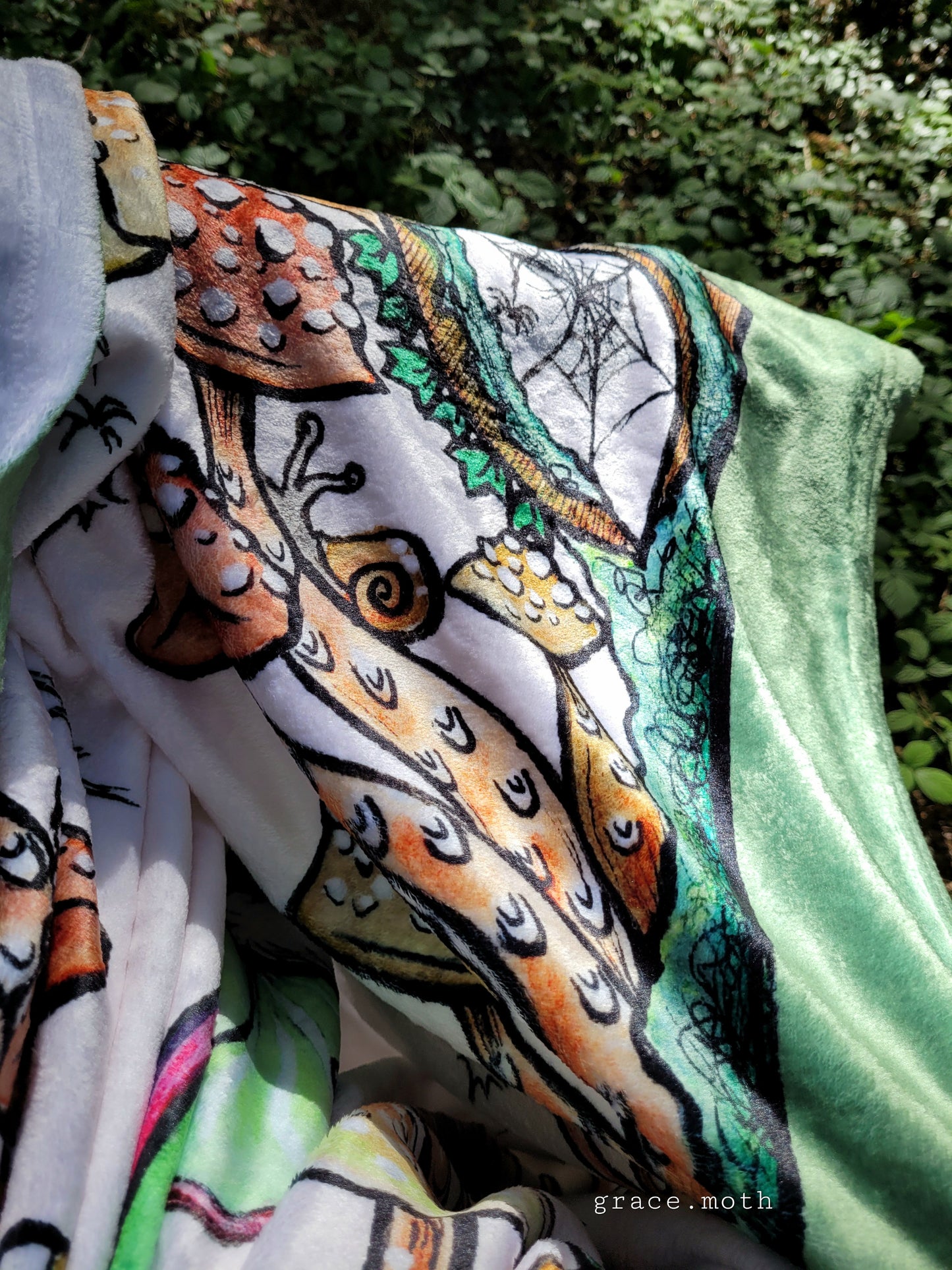 Luna Moth and Mushrooms throw blanket - witchy gothic original design by Grace Moth - 50" by 60"