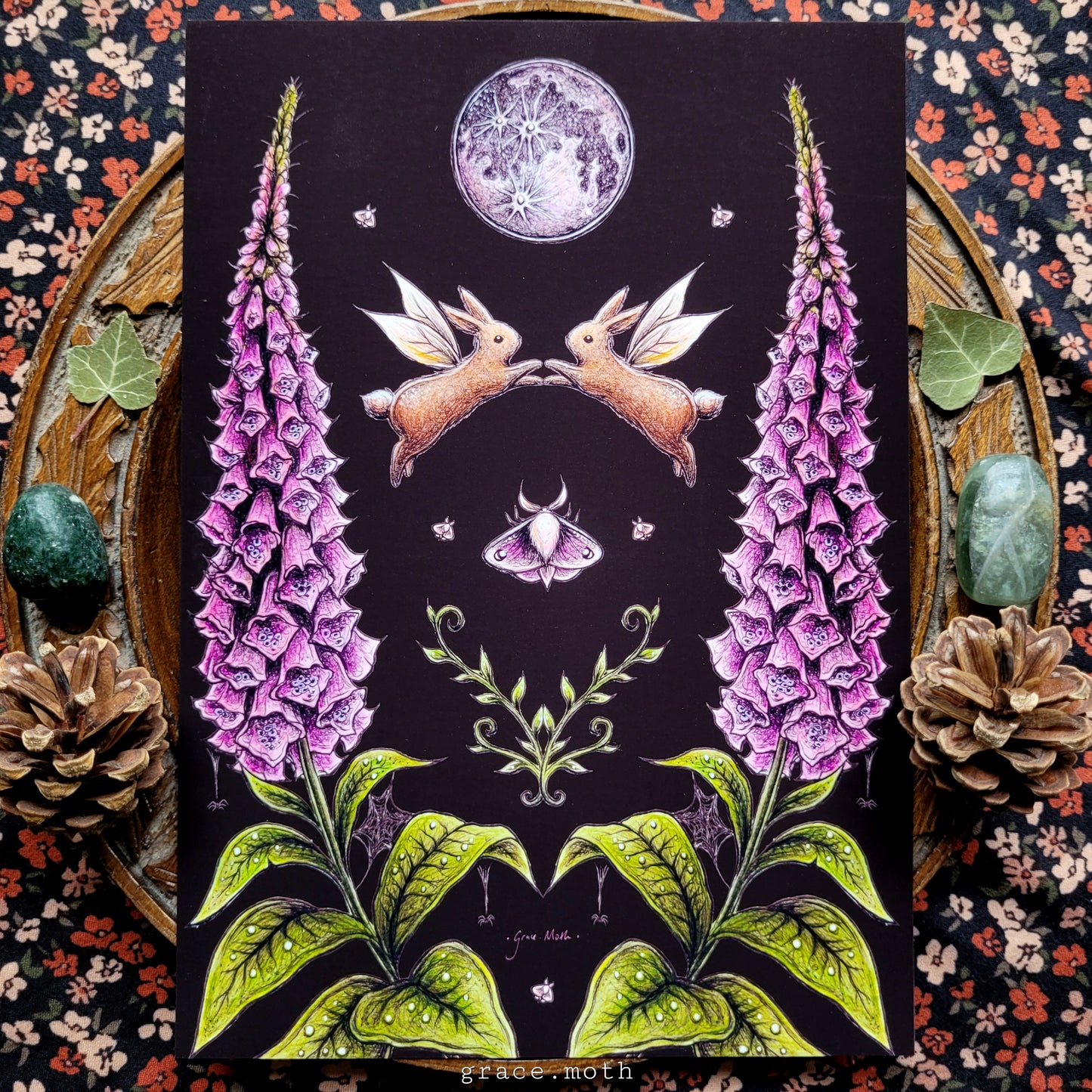 Rabbit Dance - dark - A5 A4 or A3 art print illustrated by Grace Moth - Cottagecore - Witchy - Gothic - Foxgloves