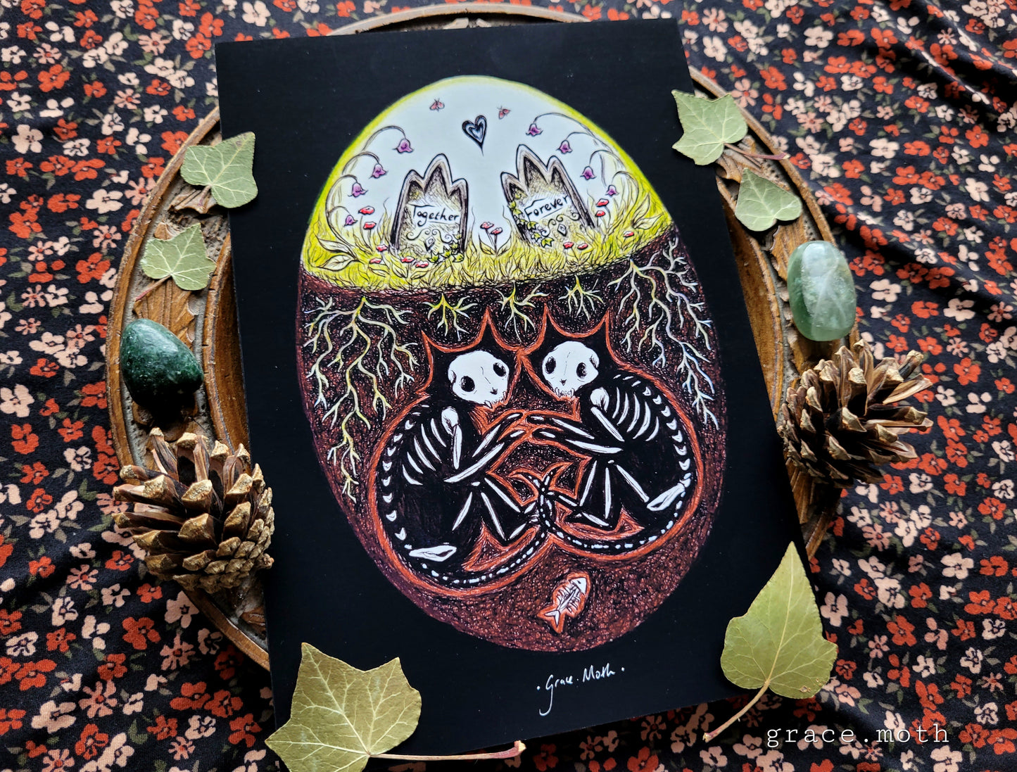 Skeleton Kitties - A5 or A4 art print illustrated by Grace Moth - Cottagecore - Witchy - Gothic - Together Forever
