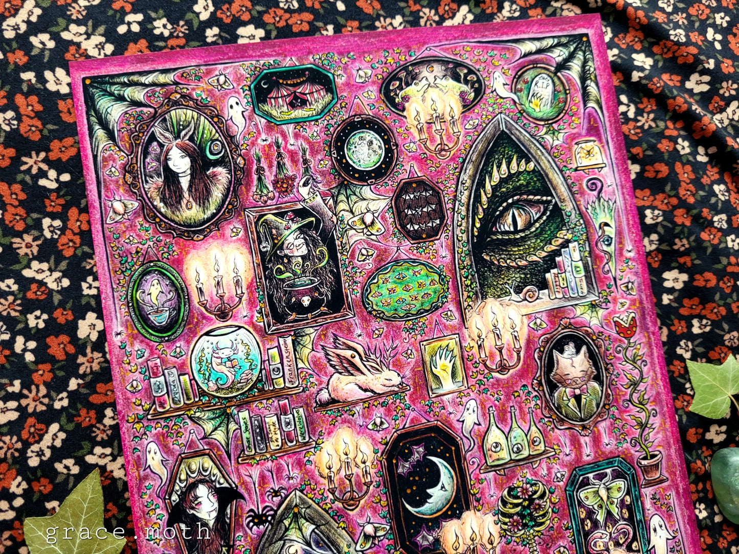 Oddities Wall of Frames - Crimson Pink - A4 or A3 art print illustrated by Grace Moth - Cottagecore - Witchy - Gothic