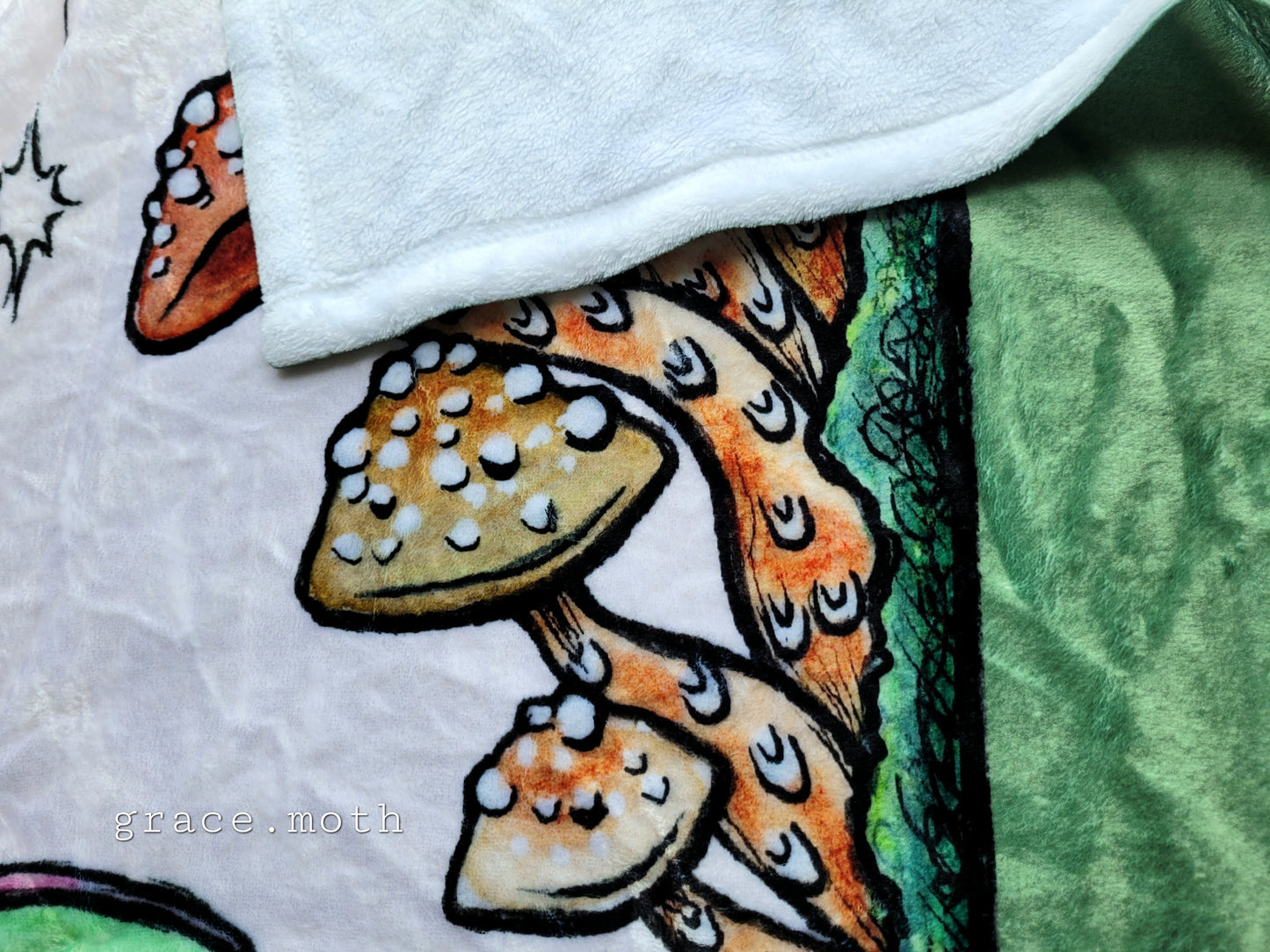 Luna Moth and Mushrooms throw blanket - witchy gothic original design by Grace Moth - 50" by 60"