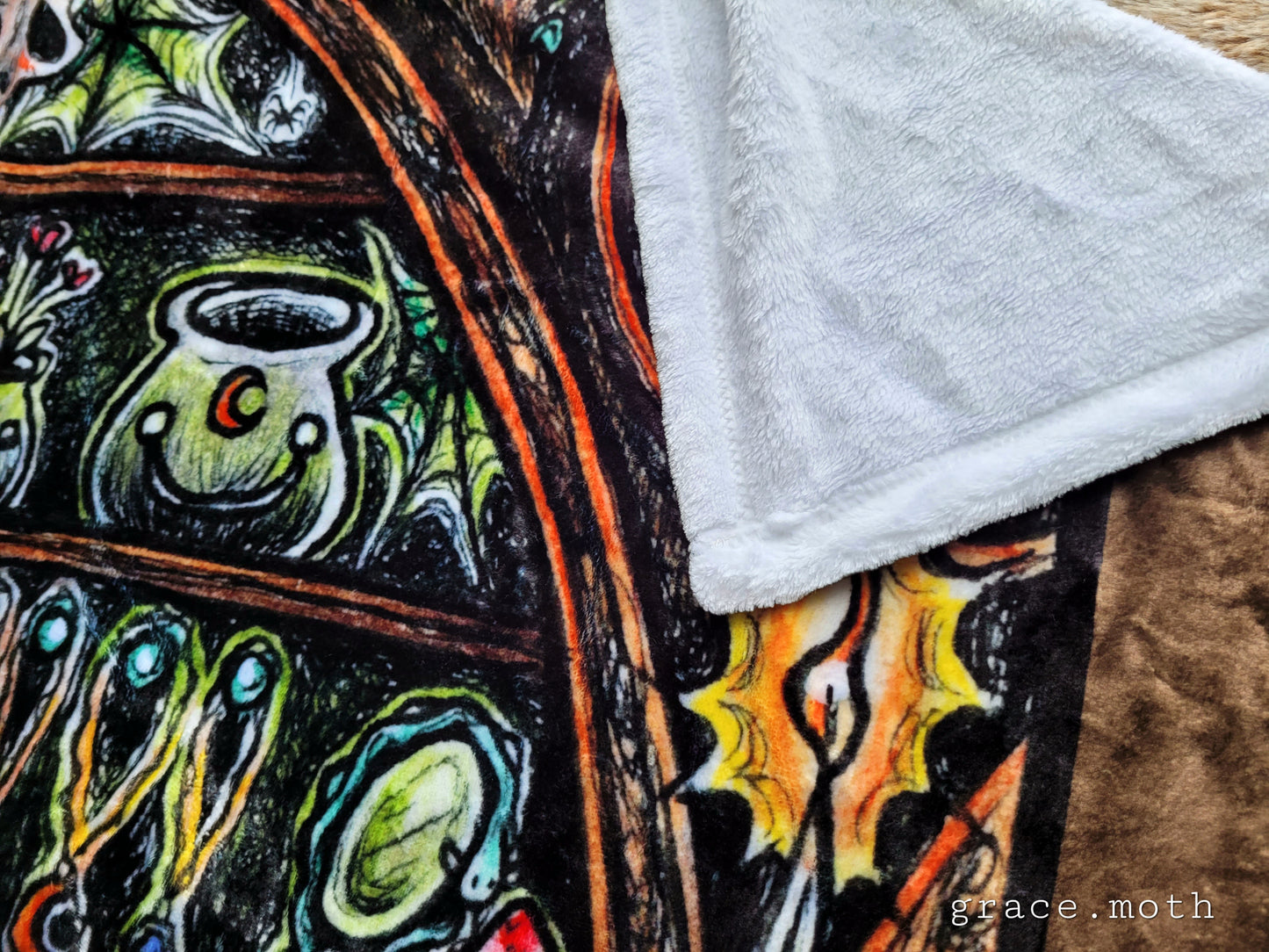 Apothecary Shelves brown throw blanket - witchy gothic original design by Grace Moth - 50" by 60"