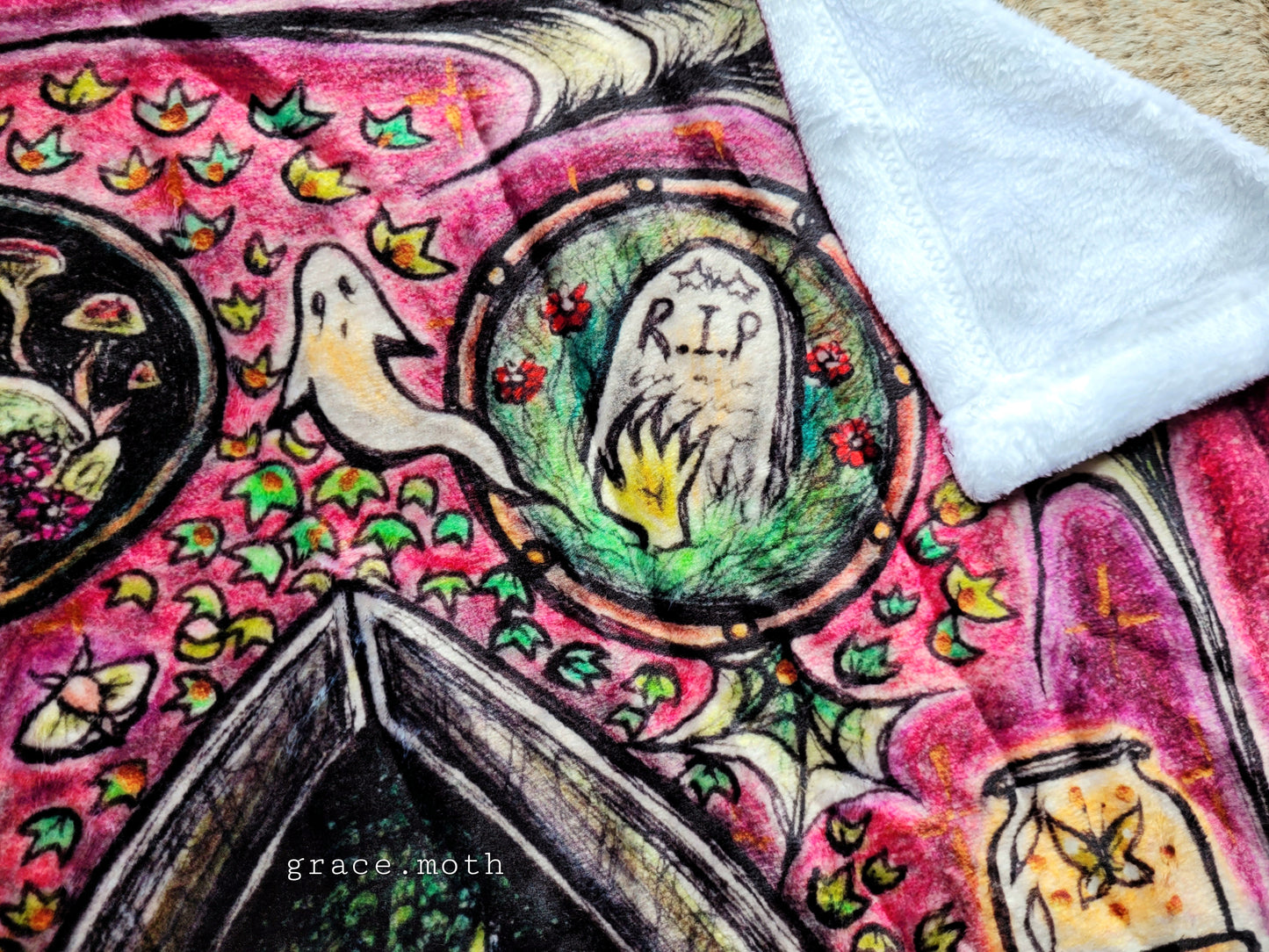Oddities Wall of Frames crimson pink throw blanket - witchy gothic original design by Grace Moth - 50" by 60"