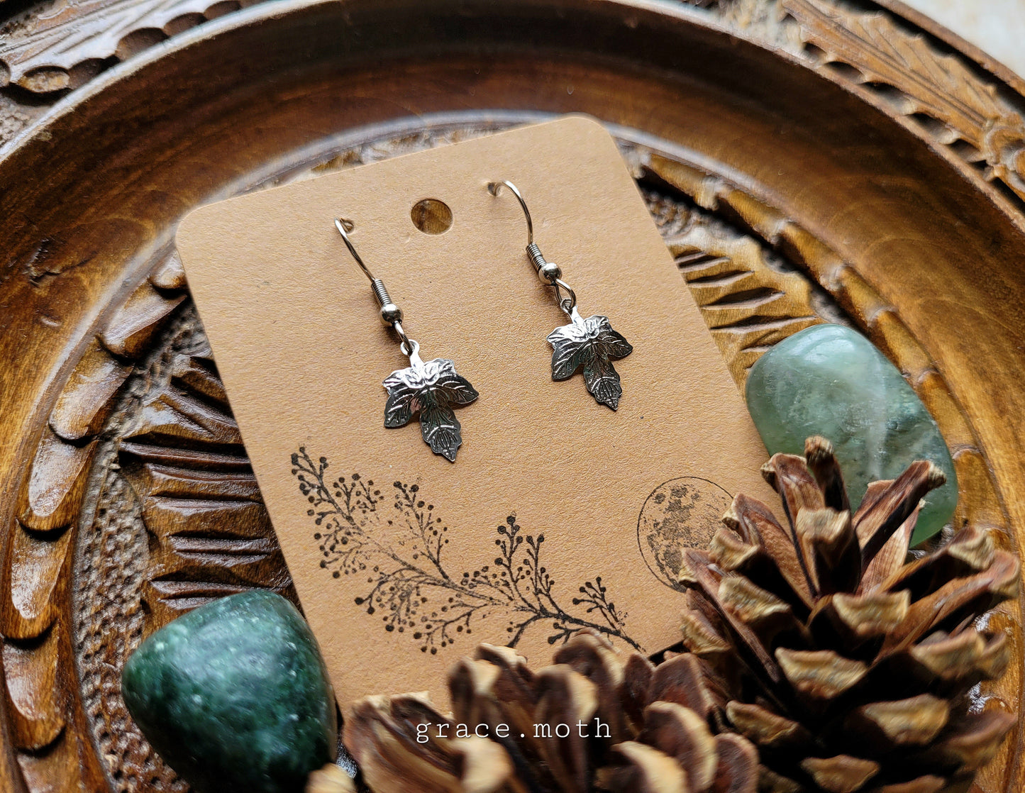 Ivy leaf Earrings, 304 Stainless Steel hooks, by Grace Moth