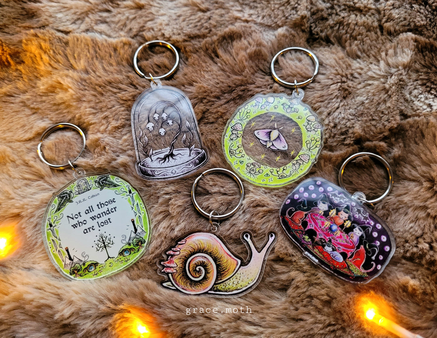 Cute Snail illustrated Key Ring, recycled clear acrylic, by Grace Moth