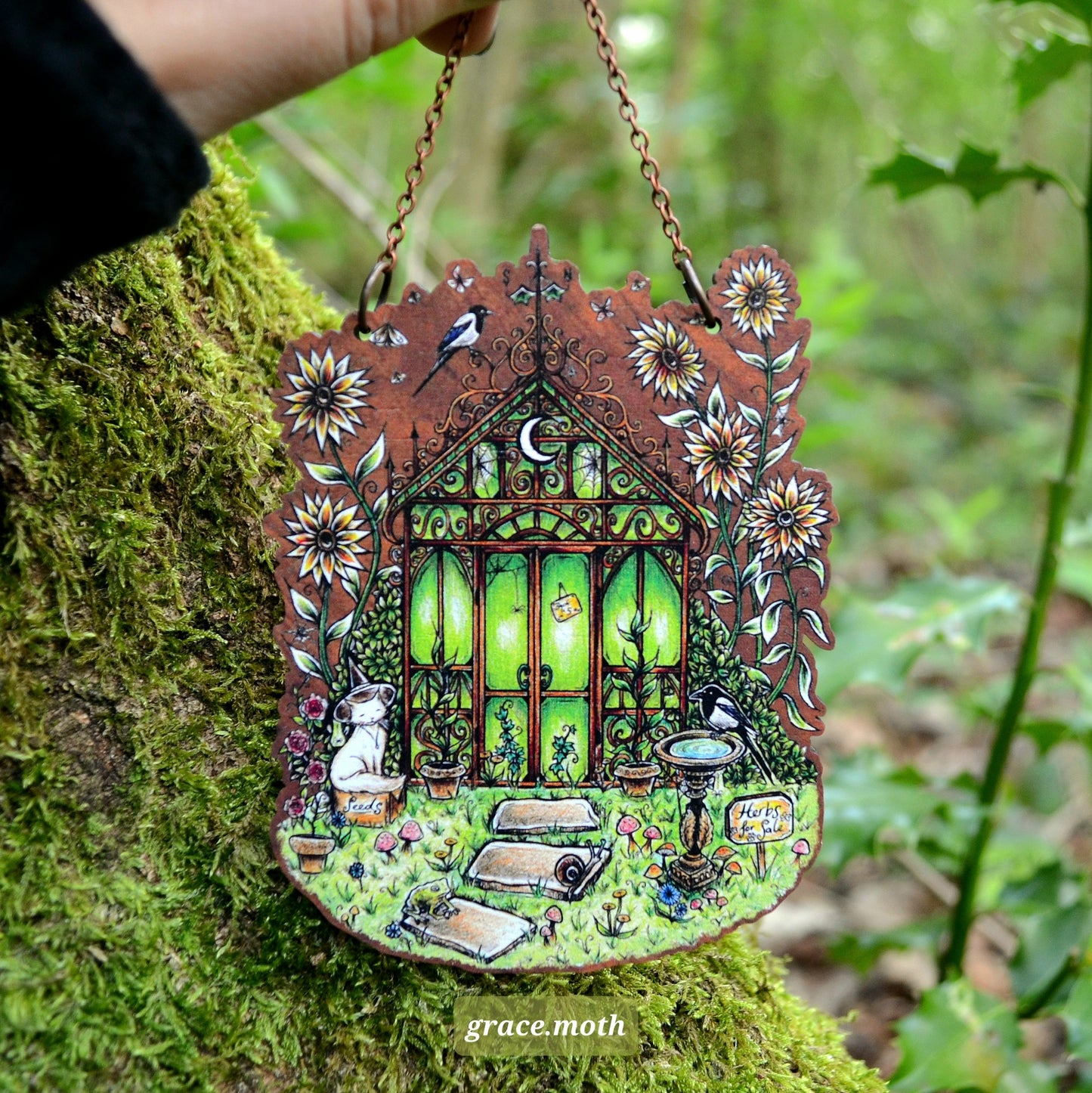 Witchy Greenhouse - Ornament, Wall hanging, 9cm, responsibly sourced cherry wood, chain and ribbon options available, by Grace Moth