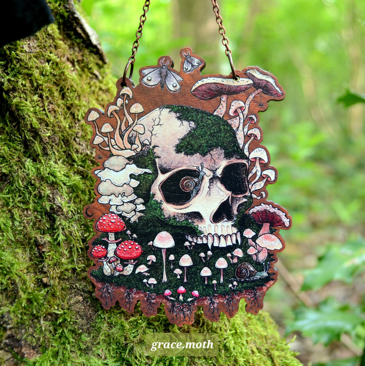 Here lies a fungi - Ornament, Wall hanging, 10cm, responsibly sourced cherry wood, chain and ribbon options available, by Grace Moth