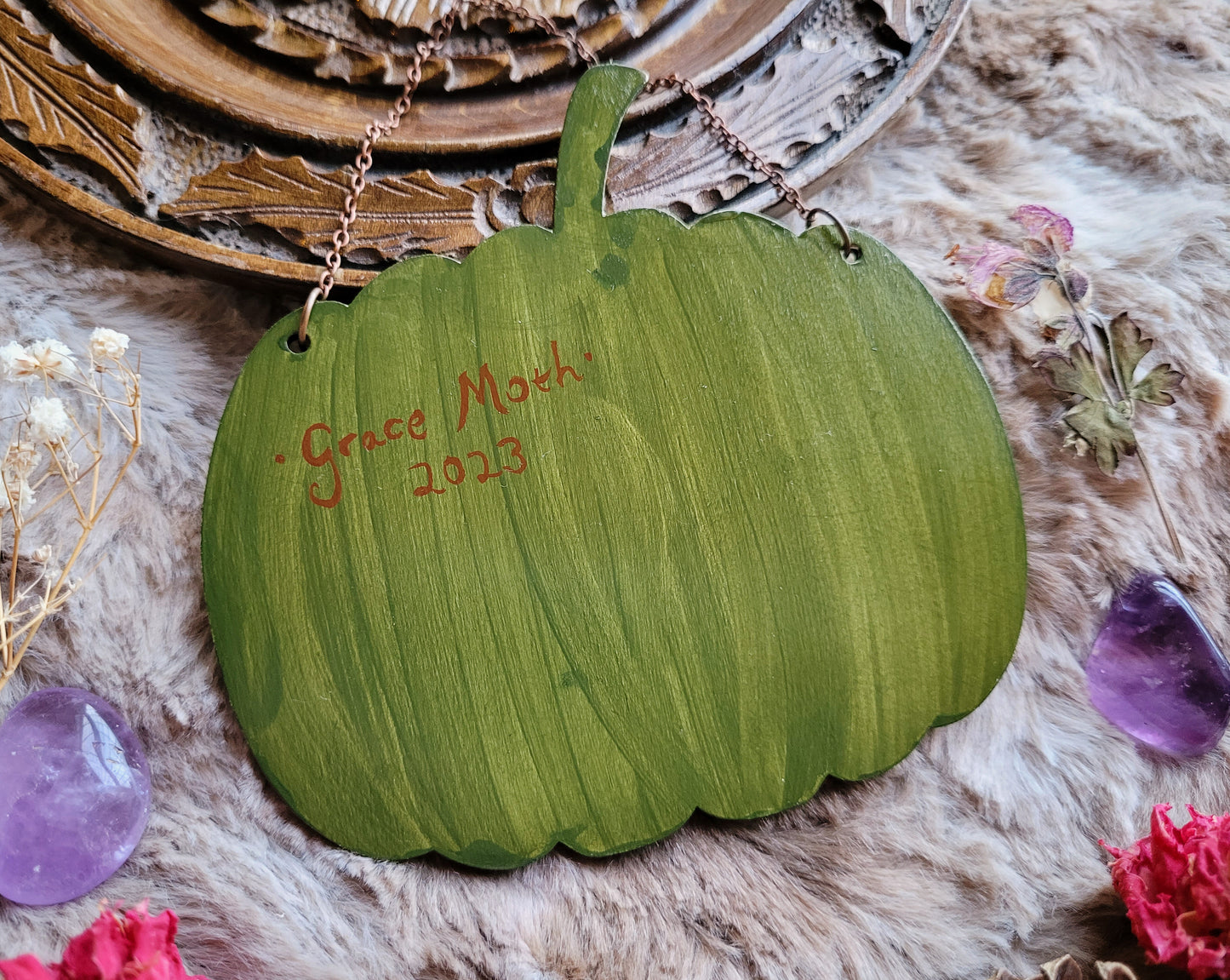 Original painted Magical Moth on Pumpkin - One of a kind handmade wall hanging/ornament by Grace Moth