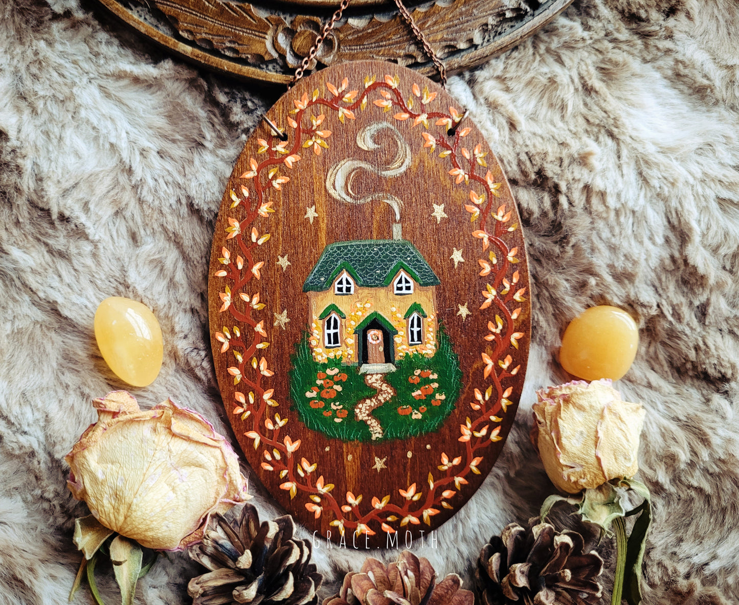 Original painted Autumn Cottage - One of a kind handmade wall hanging/ornament by Grace Moth