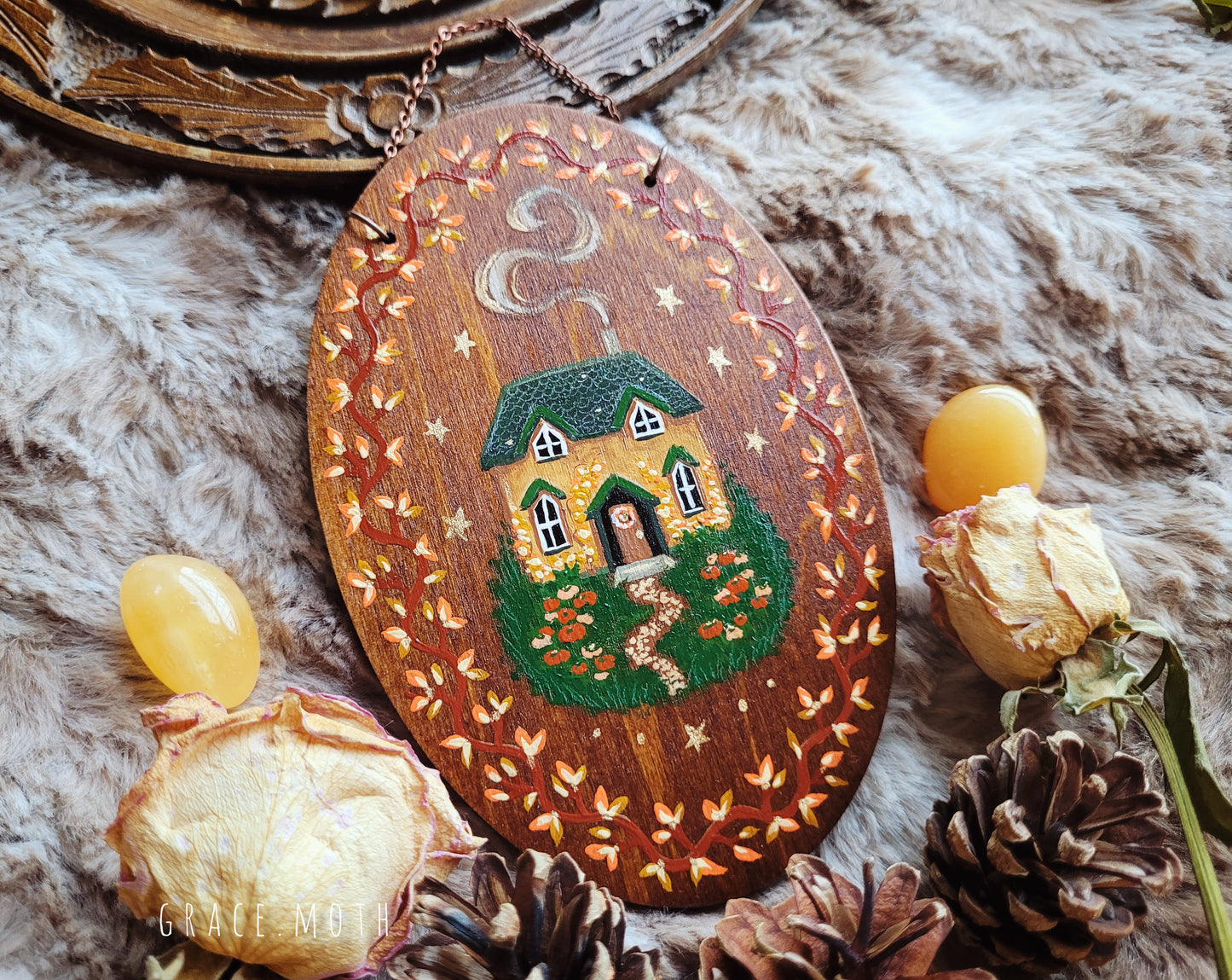 Original painted Autumn Cottage - One of a kind handmade wall hanging/ornament by Grace Moth