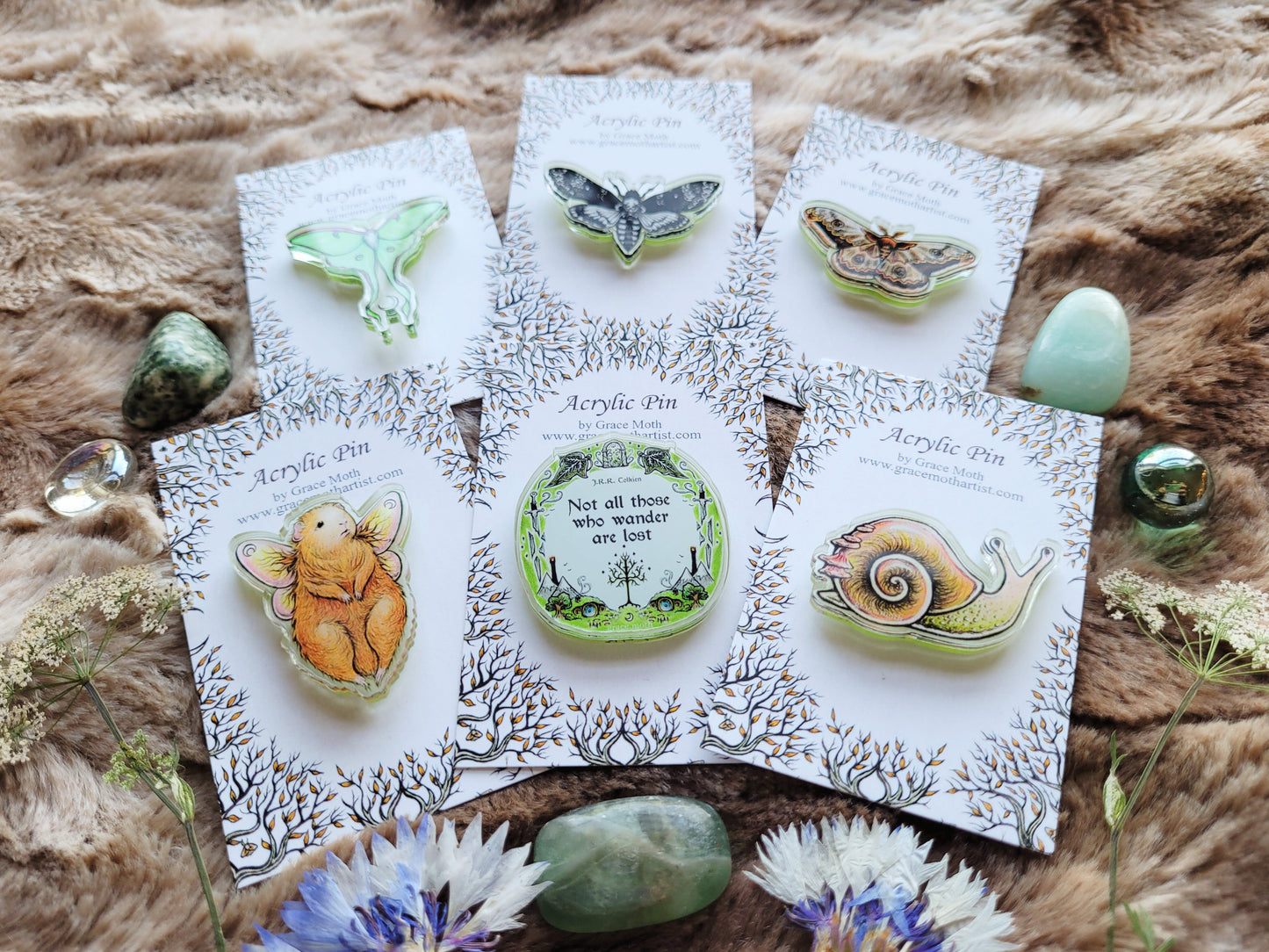 Cute Snail illustrated pin, recycled clear acrylic, by Grace Moth