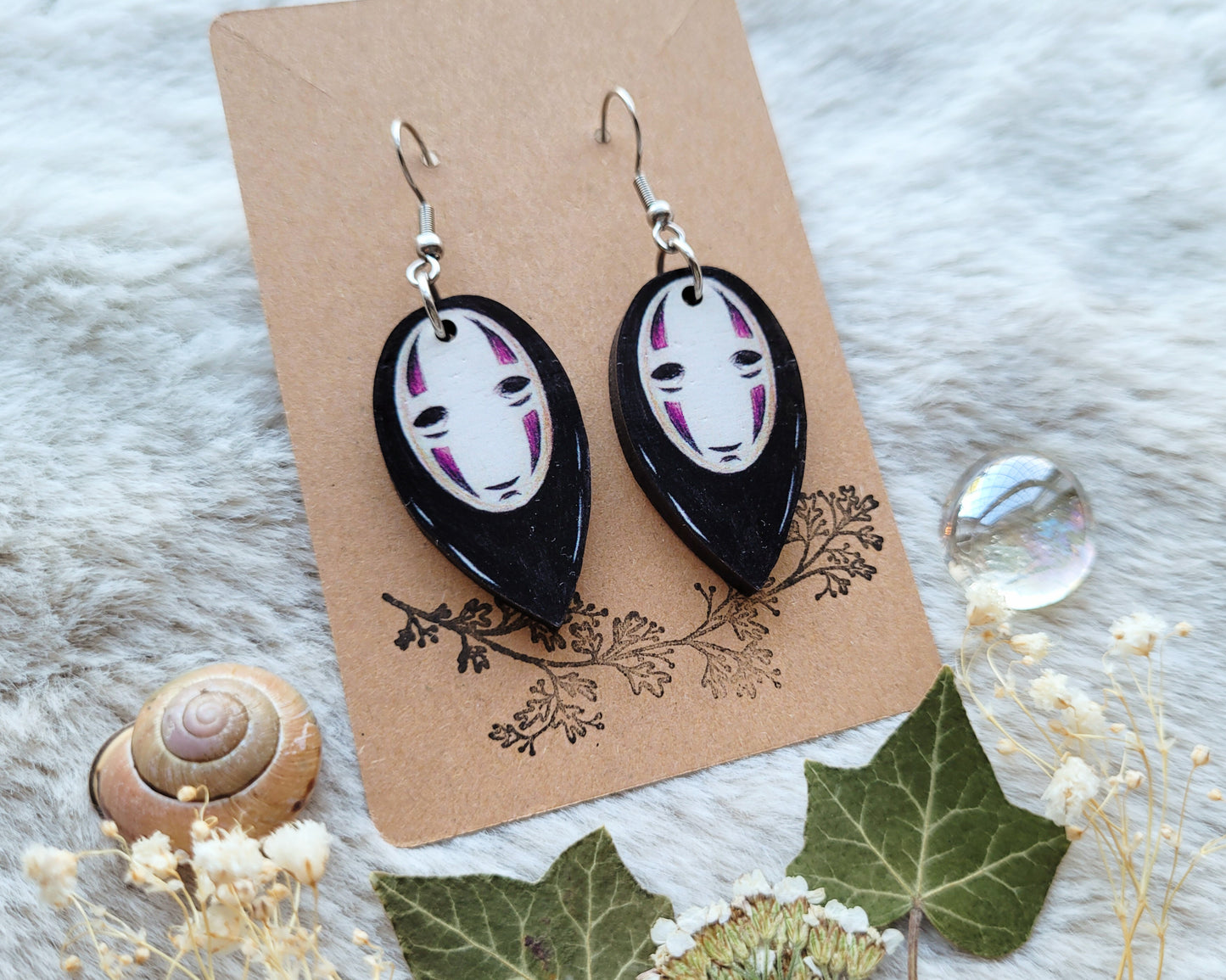 No Face illustrated earrings, responsibly sourced cherry wood, 304 Stainless Steel hooks, by Grace Moth