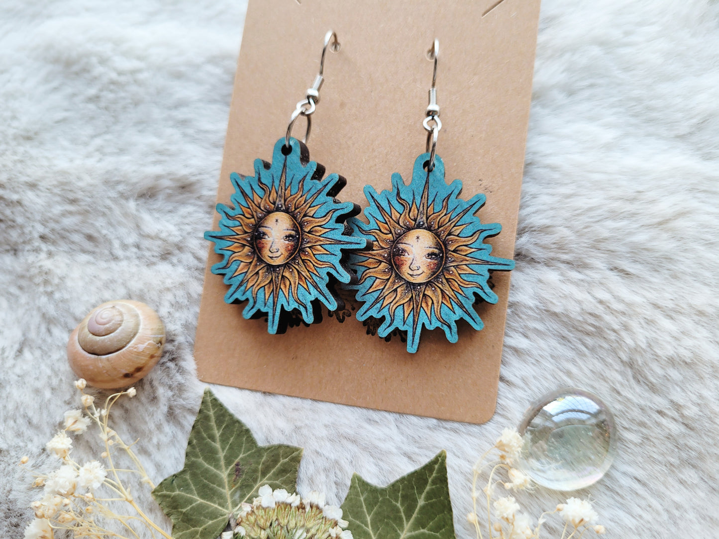 Sun Goddess illustrated earrings, responsibly sourced cherry wood, 304 Stainless Steel hooks, by Grace Moth