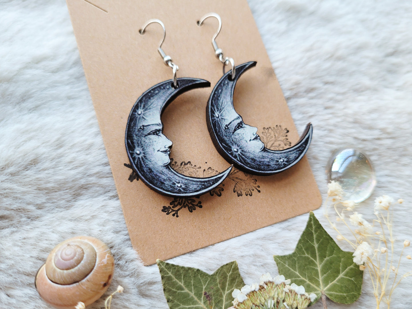 Crescent Moon illustrated earrings, responsibly sourced cherry wood, 304 Stainless Steel hooks, by Grace Moth