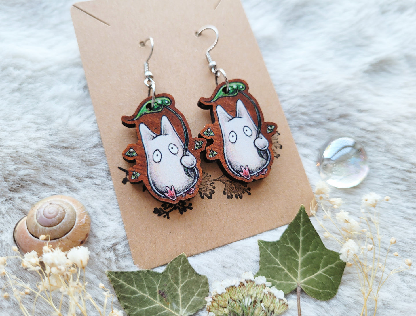 Nature Spirit illustrated earrings, anime inspired, responsibly sourced cherry wood, 304 Stainless Steel hooks, by Grace Moth