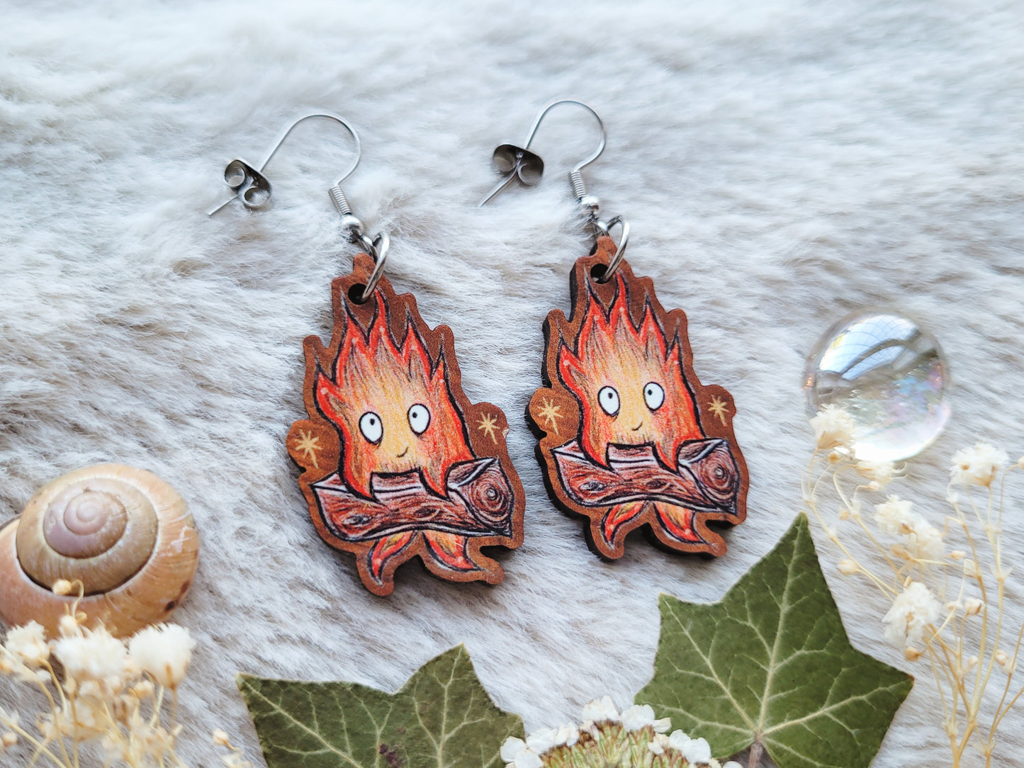 Fire Spirit illustrated earrings, anime inspired, responsibly sourced cherry wood, 304 Stainless Steel hooks, by Grace Moth
