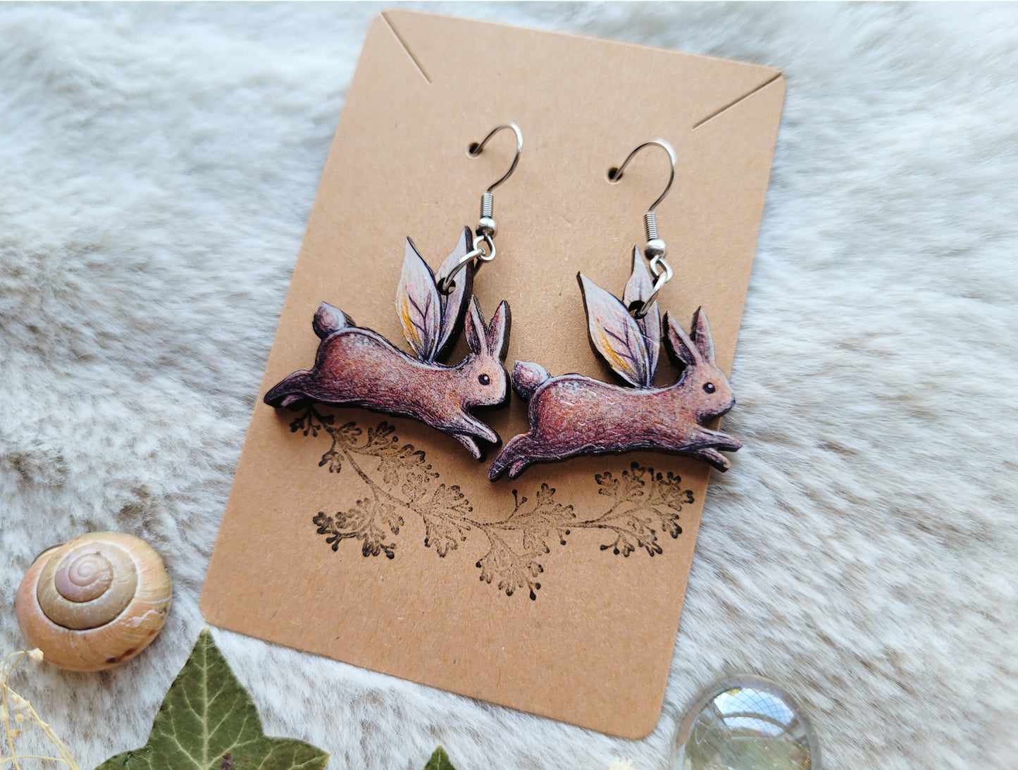 Rabbit Fairy illustrated earrings, responsibly sourced cherry wood, 304 Stainless Steel hooks, by Grace Moth