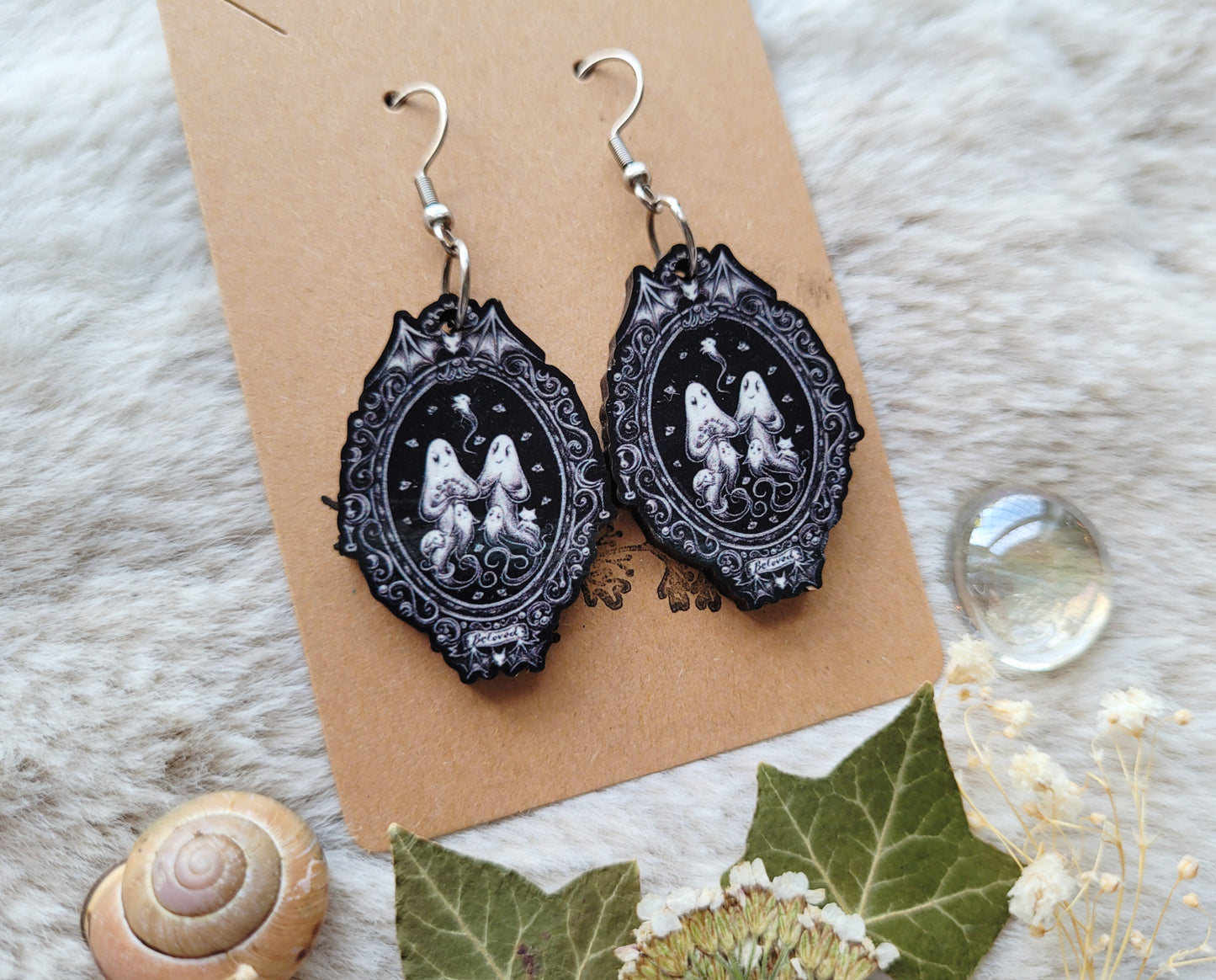 Ghost family frame illustrated earrings, responsibly sourced cherry wood, 304 Stainless Steel hooks, by Grace Moth