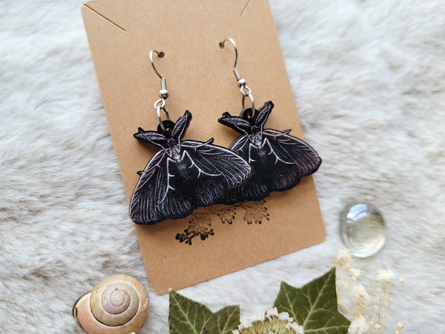 Dark Moth illustrated earrings, responsibly sourced cherry wood, 304 Stainless Steel hooks, by Grace Moth
