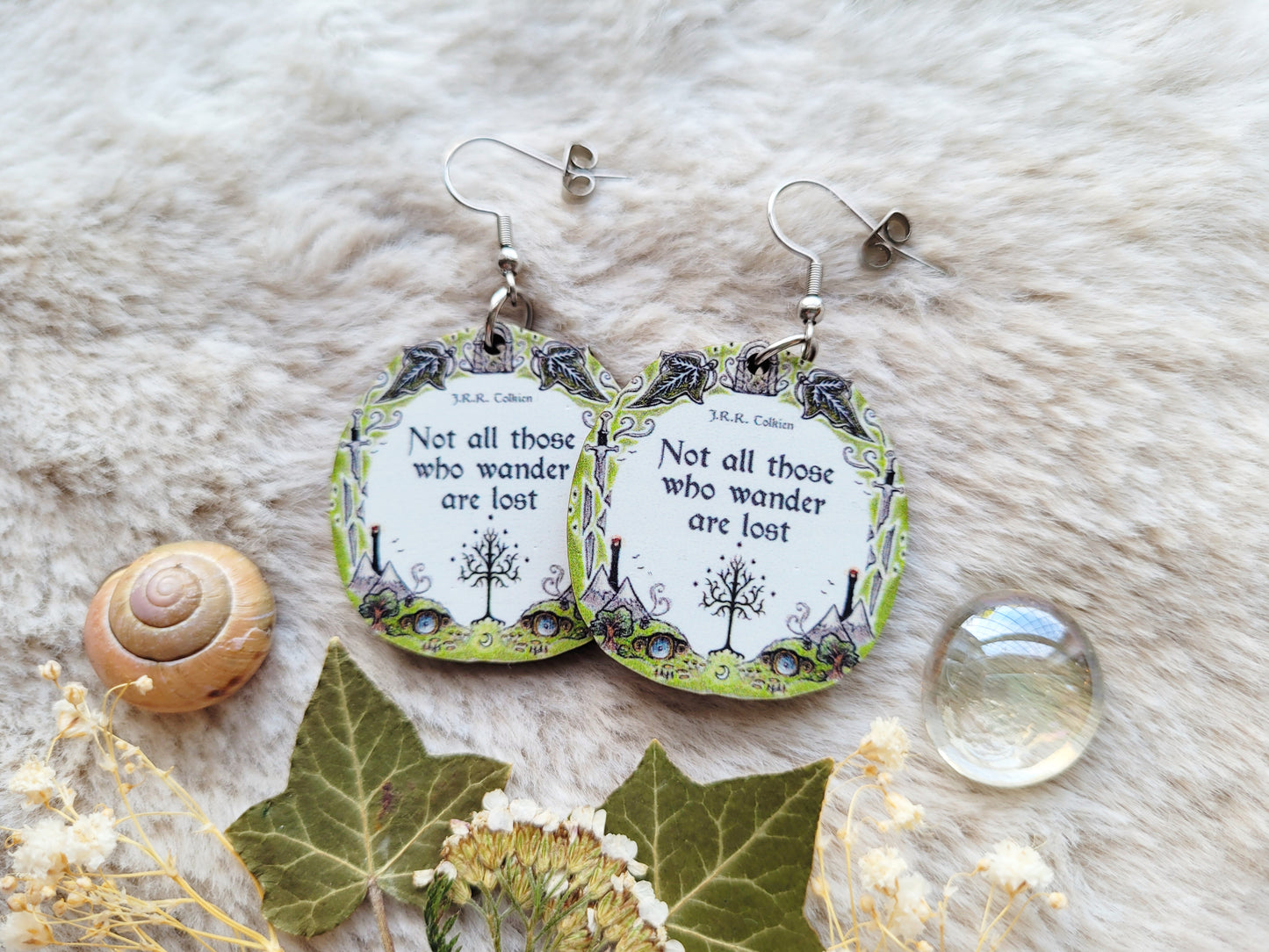 Lotr quote illustrated earrings, responsibly sourced cherry wood, hobbit, 304 Stainless Steel hooks, by Grace Moth