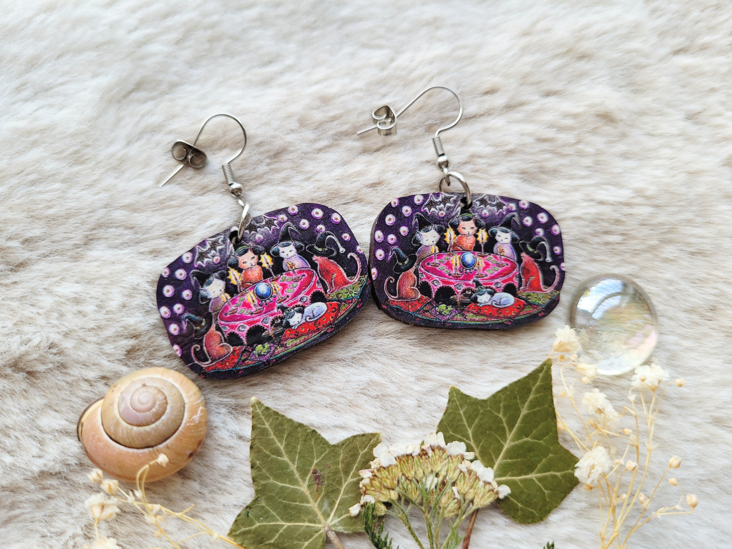 Cat Coven illustrated earrings, responsibly sourced cherry wood, 304 Stainless Steel hooks, by Grace Moth