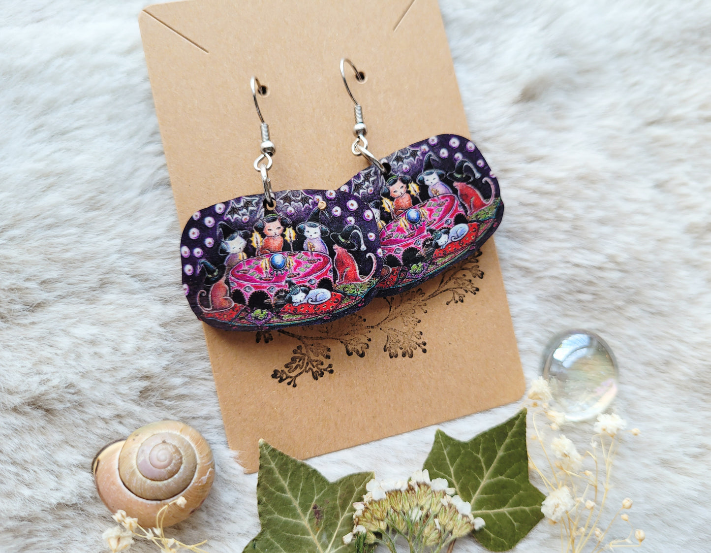 Cat Coven illustrated earrings, responsibly sourced cherry wood, 304 Stainless Steel hooks, by Grace Moth