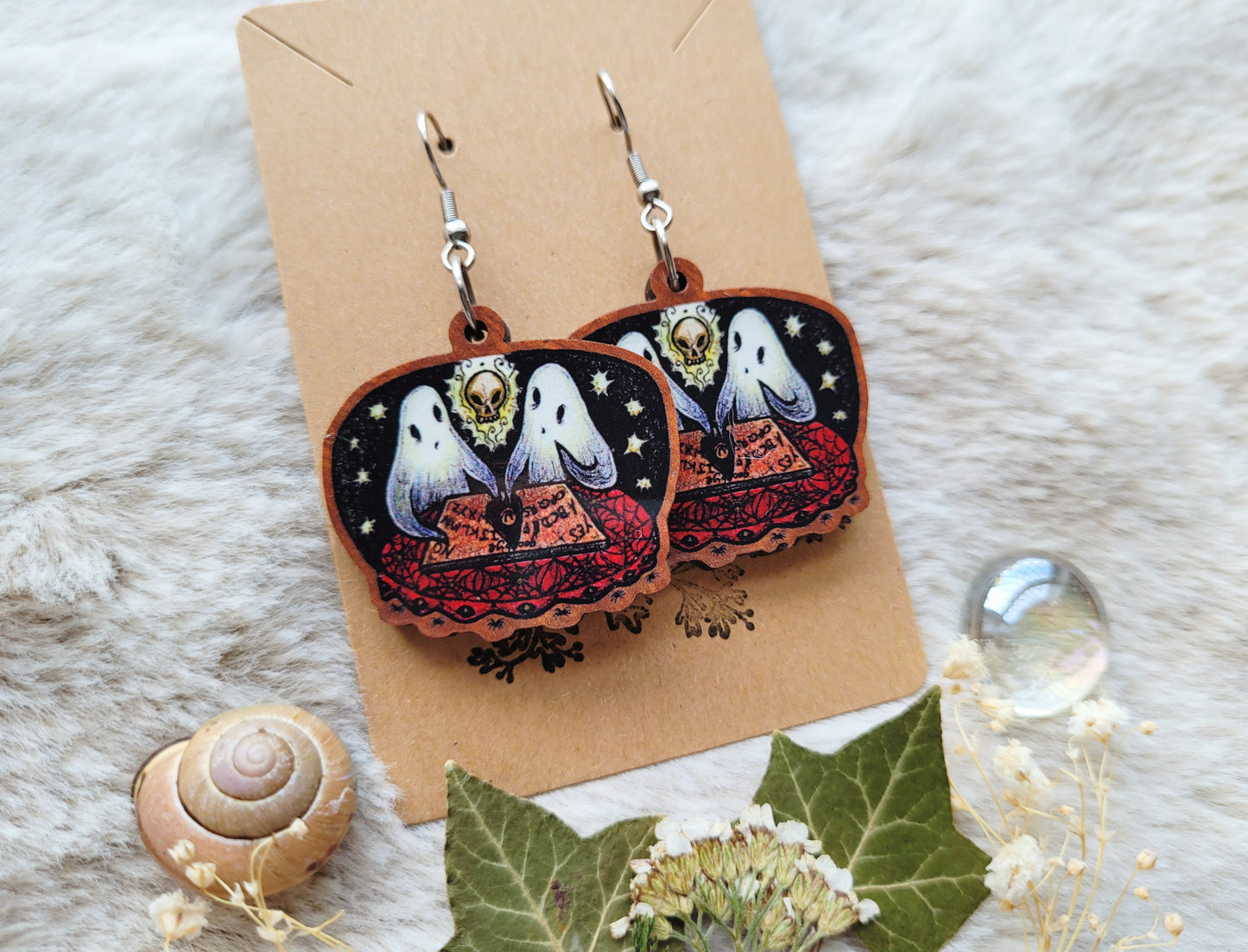 Ghost Seance illustrated earrings, responsibly sourced cherry wood, 304 Stainless Steel hooks, by Grace Moth