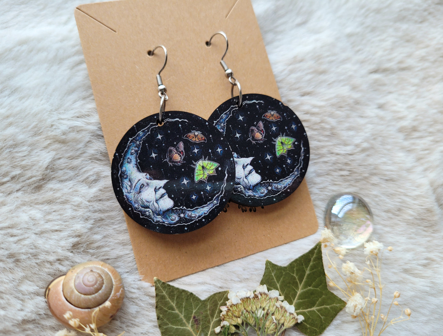 Wise Moon illustrated earrings, responsibly sourced cherry wood, 304 Stainless Steel hooks, by Grace Moth