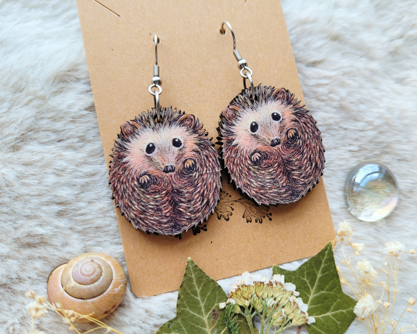Hedgehog illustrated earrings, responsibly sourced cherry wood, 304 Stainless Steel hooks, by Grace Moth