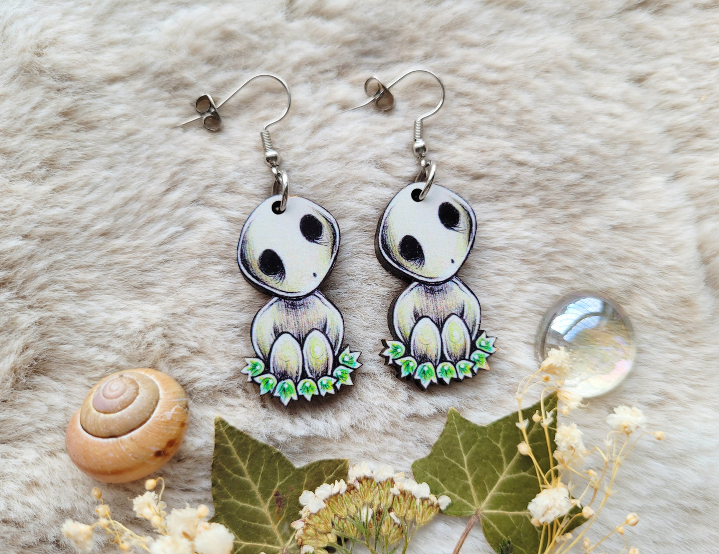Tree Spirit illustrated earrings, anime inspired, responsibly sourced cherry wood, 304 Stainless Steel hooks, by Grace Moth