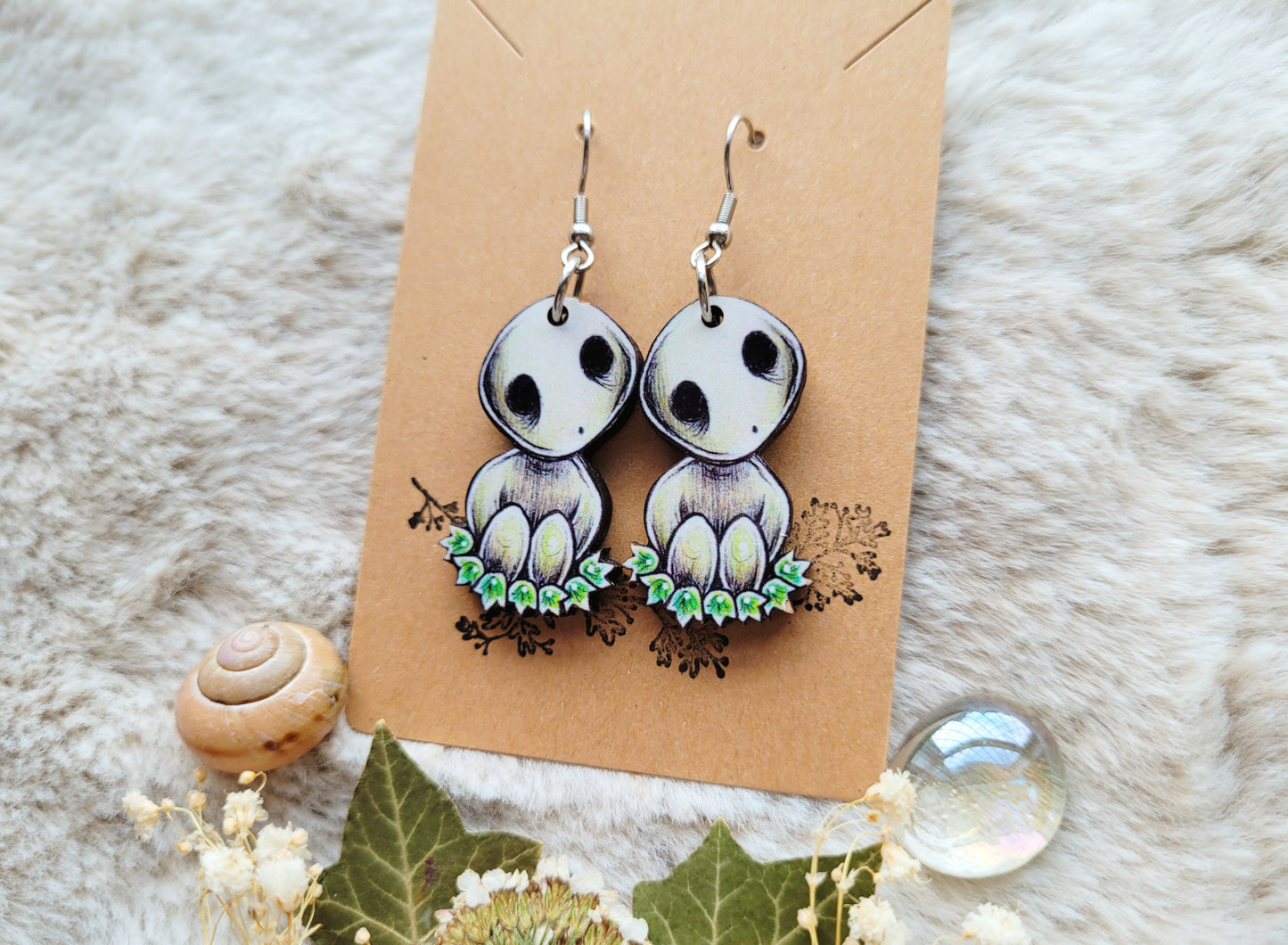 Tree Spirit illustrated earrings, anime inspired, responsibly sourced cherry wood, 304 Stainless Steel hooks, by Grace Moth