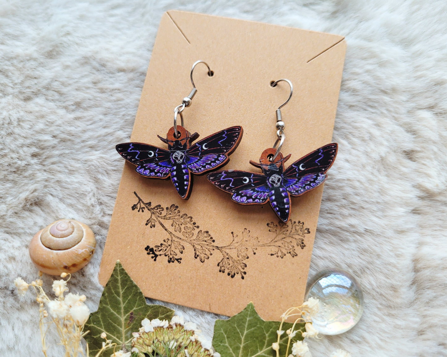 Purple Death head hawk moth illustrated earrings, responsibly sourced cherry wood, 304 Stainless Steel hooks, by Grace Moth
