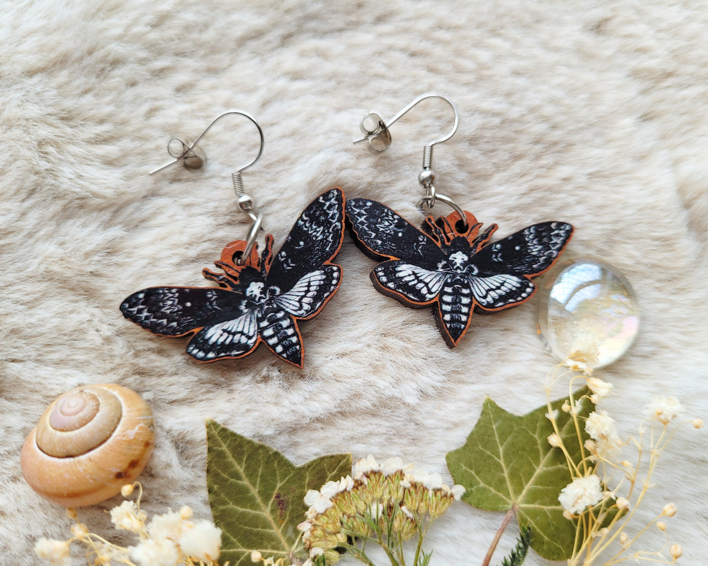 Death head hawk moth illustrated earrings, responsibly sourced cherry wood, 304 Stainless Steel hooks, by Grace Moth