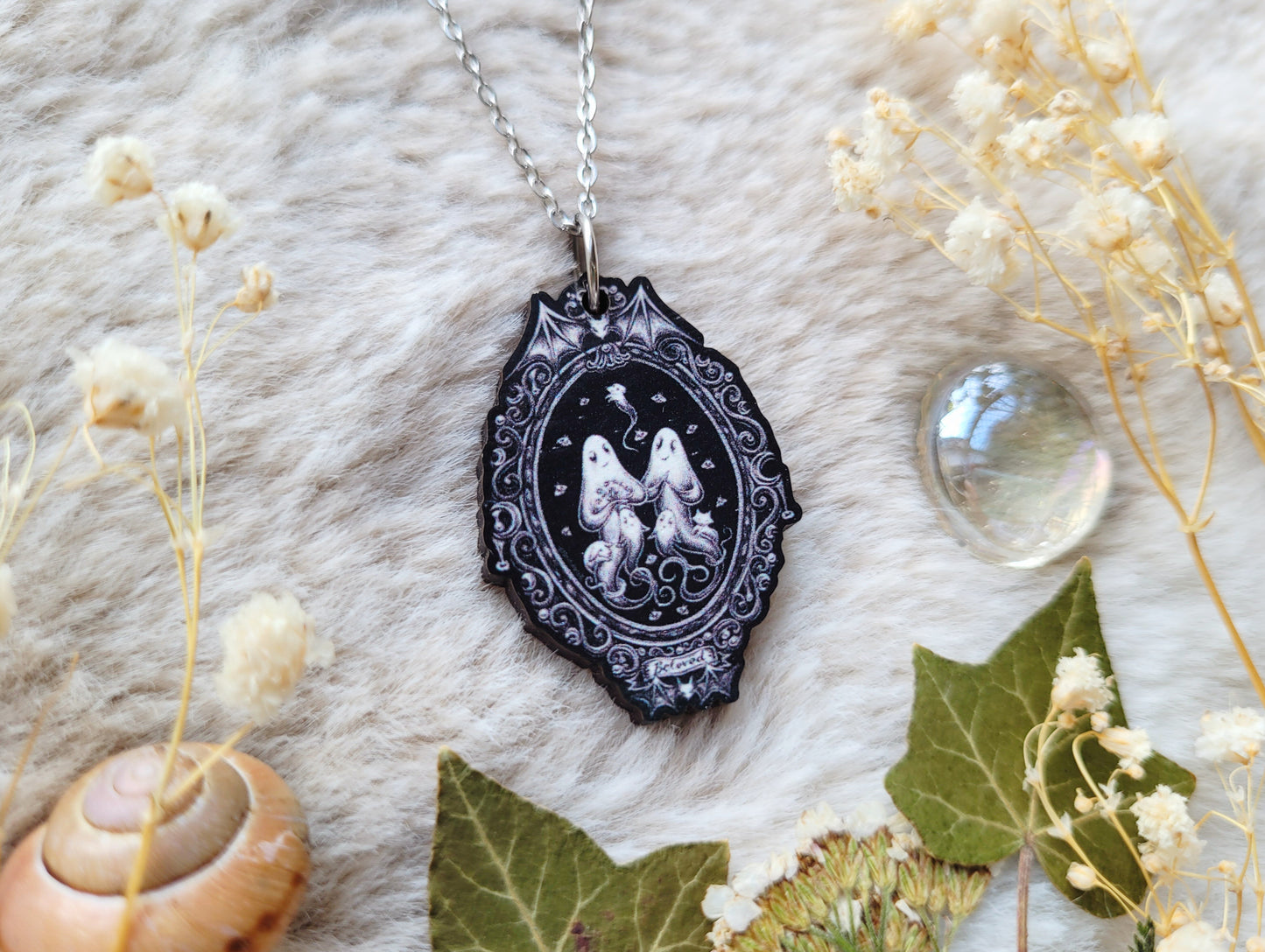 Ghost family portrait Illustrated necklace, responsibly sourced cherry wood, chain options available, by Grace Moth