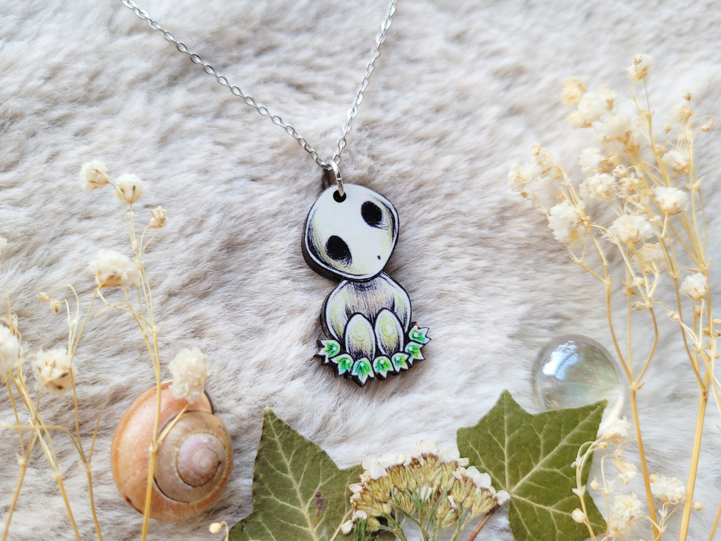 Tree Spirit Illustrated necklace, anime inspired, responsibly sourced cherry wood, chain options available, by Grace Moth